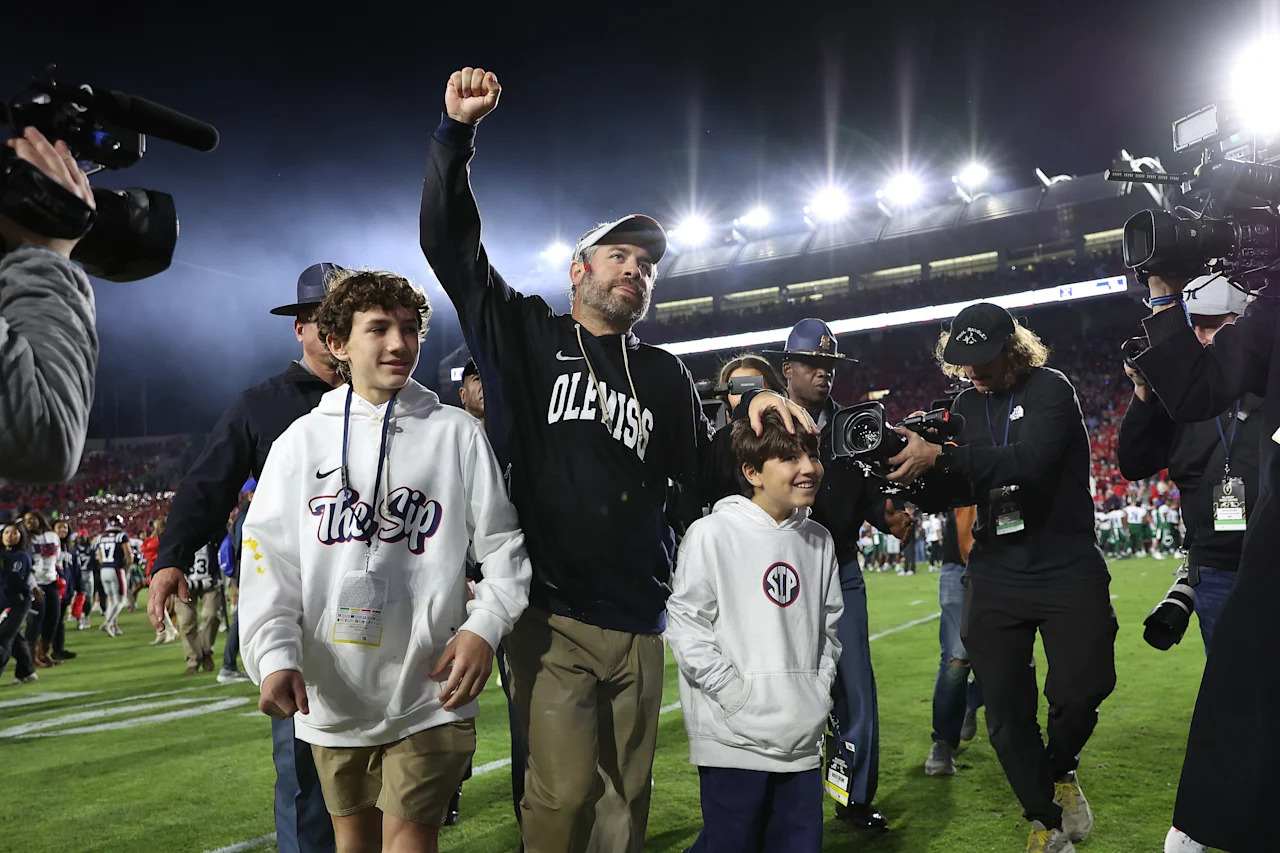 OXFORD, MISSISSIPPI - DECEMBER 20: Head coach Pete Golding of the Ole Miss Rebels celebrates after the game against the Tulane Green Wave during the 2025 College Football Playoff First Round Game at Vaught-Hemingway Stadium on December 20, 2025 in Oxford, Mississippi. (Photo by Wes Hale/Getty Images)