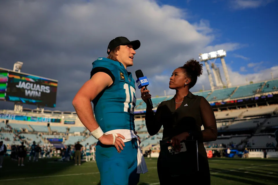 Jacksonville Jaguars quarterback Trevor Lawrence (16) is interviewed by CBS Sports’ Tiffany Blackmon after the game of an NFL football matchup at EverBank Stadium, Sunday, Dec. 14, 2025, in Jacksonville, Fla. The Jaguars defeated the Jets 48-20. [Corey Perrine/Florida Times-Union]