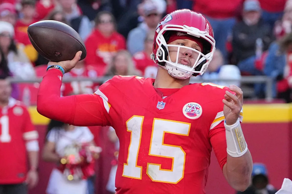 Nov 23, 2025; Kansas City, Missouri, USA; Kansas City Chiefs quarterback Patrick Mahomes (15) throws a pass against the Indianapolis Colts in the second half at GEHA Field at Arrowhead Stadium. Mandatory Credit: Denny Medley-Imagn Images