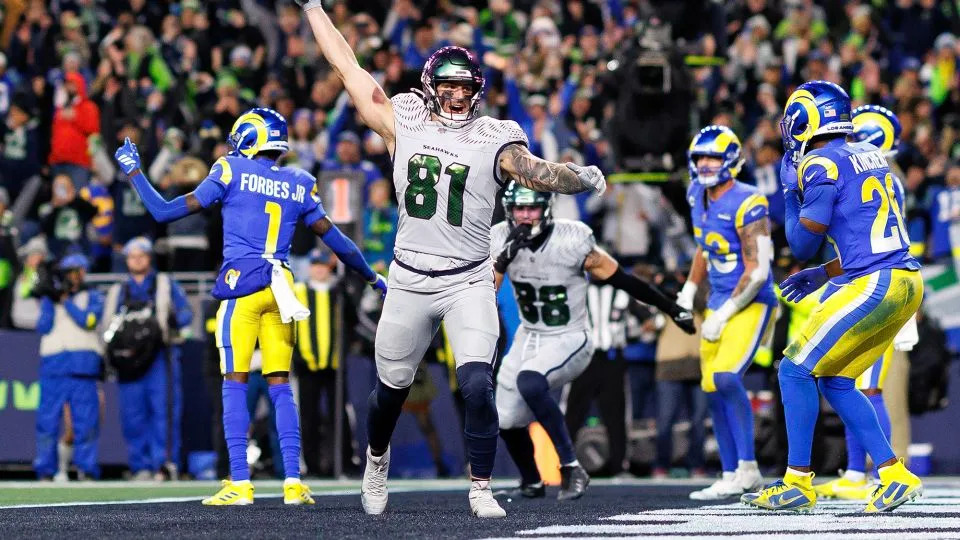 Eric Saubert celebrates after scoring the winning two-point conversion in overtime against the Los Angeles Rams on Thursday Night Football. - Brooke Sutton/Getty Images