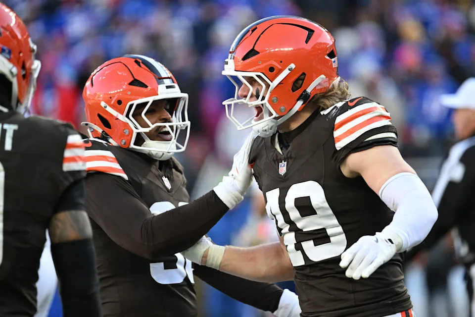 Dec 21, 2025; Cleveland, Ohio, USA; Cleveland Browns linebacker Carson Schwesinger (49) reacts after his sack with teammates after a sack against the Buffalo Bills during the second half at Huntington Bank Field. Mandatory Credit: Ken Blaze-Imagn Images