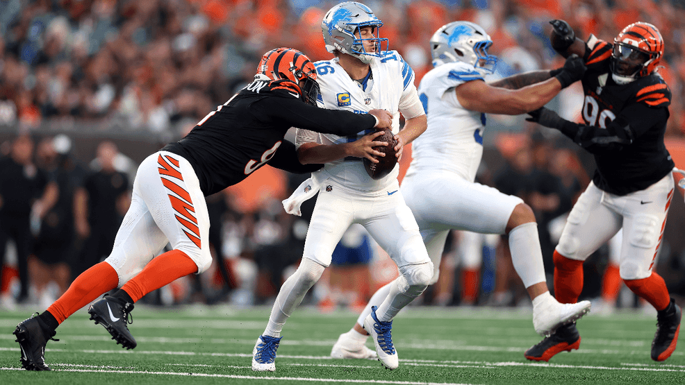 Trey Hendrickson #91 of the Cincinnati Bengals sacks Jared Goff #16 of the Detroit Lions during the fourth quarter at Paycor Stadium on October 05, 2025 in Cincinnati, Ohio. (Photo by Andy Lyons/Getty Images)