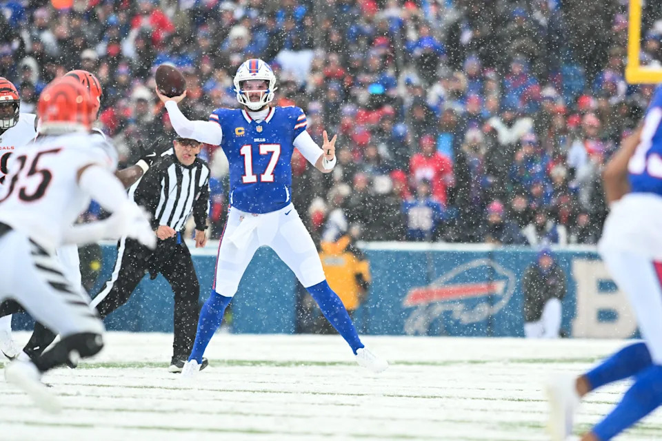 Dec 7, 2025; Orchard Park, New York, USA; Buffalo Bills quarterback Josh Allen (17) throws the ball in the second quarter against the Cincinnati Bengals at Highmark Stadium. Mandatory Credit: Mark Konezny-Imagn Images