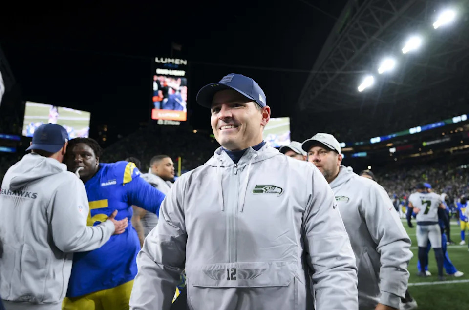 Seattle Seahawks head coach Mike MacDonald smiles after the Seattle Seahawks 38-37 overtime victory at Lumen Field, on Thursday, Dec. 18, 2025, in Seattle.