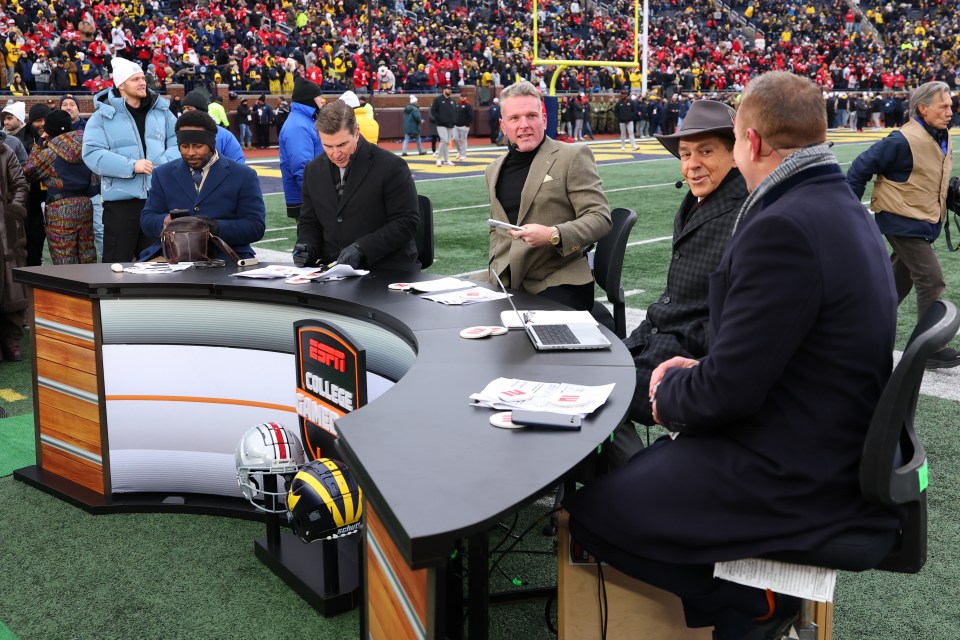 The ESPN College Gameday crew is seen on set prior to the game between the Michigan Wolverines and the Ohio State Buckeyes at Michigan Stadium on November 29, 2025 in Ann Arbor, Michigan.