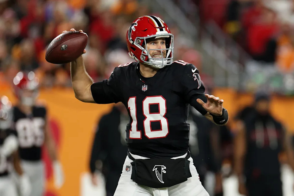 Dec 11, 2025; Tampa, Florida, USA; Atlanta Falcons quarterback Kirk Cousins (18) throws a pass against the Tampa Bay Buccaneers during the fourth quarter at Raymond James Stadium.