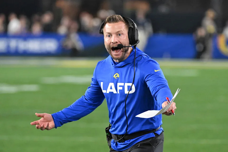 GLENDALE, ARIZONA - JANUARY 13: Head coach Sean McVay of the Los Angeles Rams reacts during the fourth quarter against the Minnesota Vikings during the NFC Wild Card Playoff at State Farm Stadium on January 13, 2025 in Glendale, Arizona. (Photo by Norm Hall/Getty Images)Norm Hall&sol;Getty Images