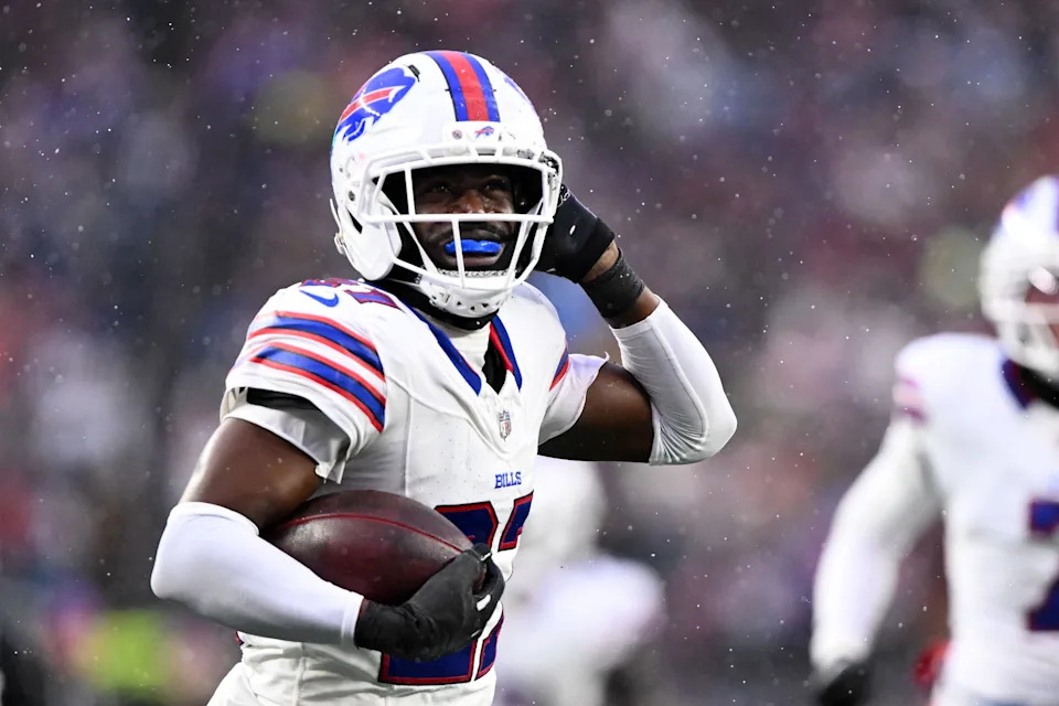 Dec 14, 2025; Foxborough, Massachusetts, USA; Buffalo Bills cornerback Tre'Davious White (27) reacts after intercepting a pass against the New England Patriots during the second half at Gillette Stadium. Mandatory Credit: Brian Fluharty-Imagn Images