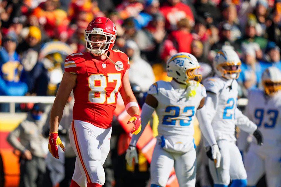 Dec 14, 2025; Kansas City, Missouri, USA; Kansas City Chiefs tight end Travis Kelce (87) reacts after catching a pass against the Los Angeles Chargers during the first quarter at GEHA Field at Arrowhead Stadium. Mandatory Credit: Jay Biggerstaff-Imagn Images
