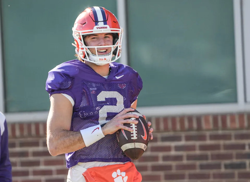 Clemson quarterback Cade Klubnik (2) warms up during the Pinstipe Bowl practice in Clemson, S.C. Monday, Dec. 15, 2025.
