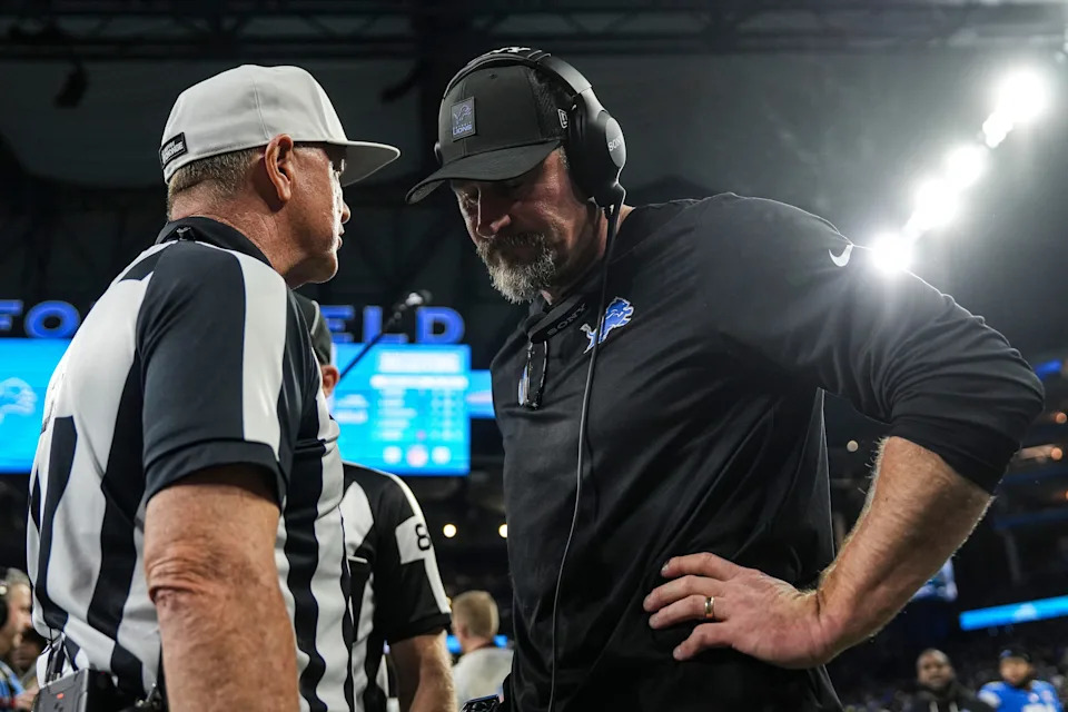 Detroit Lions head coach Dan Campbell talks to referee Carl Cheffers after 29-24 loss to Pittsburgh Steelers at Ford Field in Detroit on Sunday, Dec. 21, 2025.