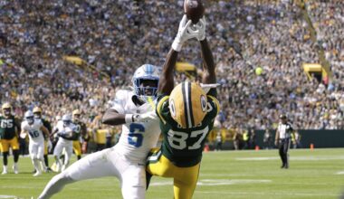 Green Bay Packers wide receiver Romeo Doubs (87) and Detroit Lions cornerback Terrion Arnold (6) show off their athleticism on Sept. 7, 2025.