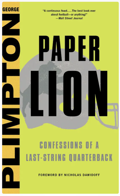A colorful book jacket reads 'Paper Lion: Confessions of a Last-String Quarterback'