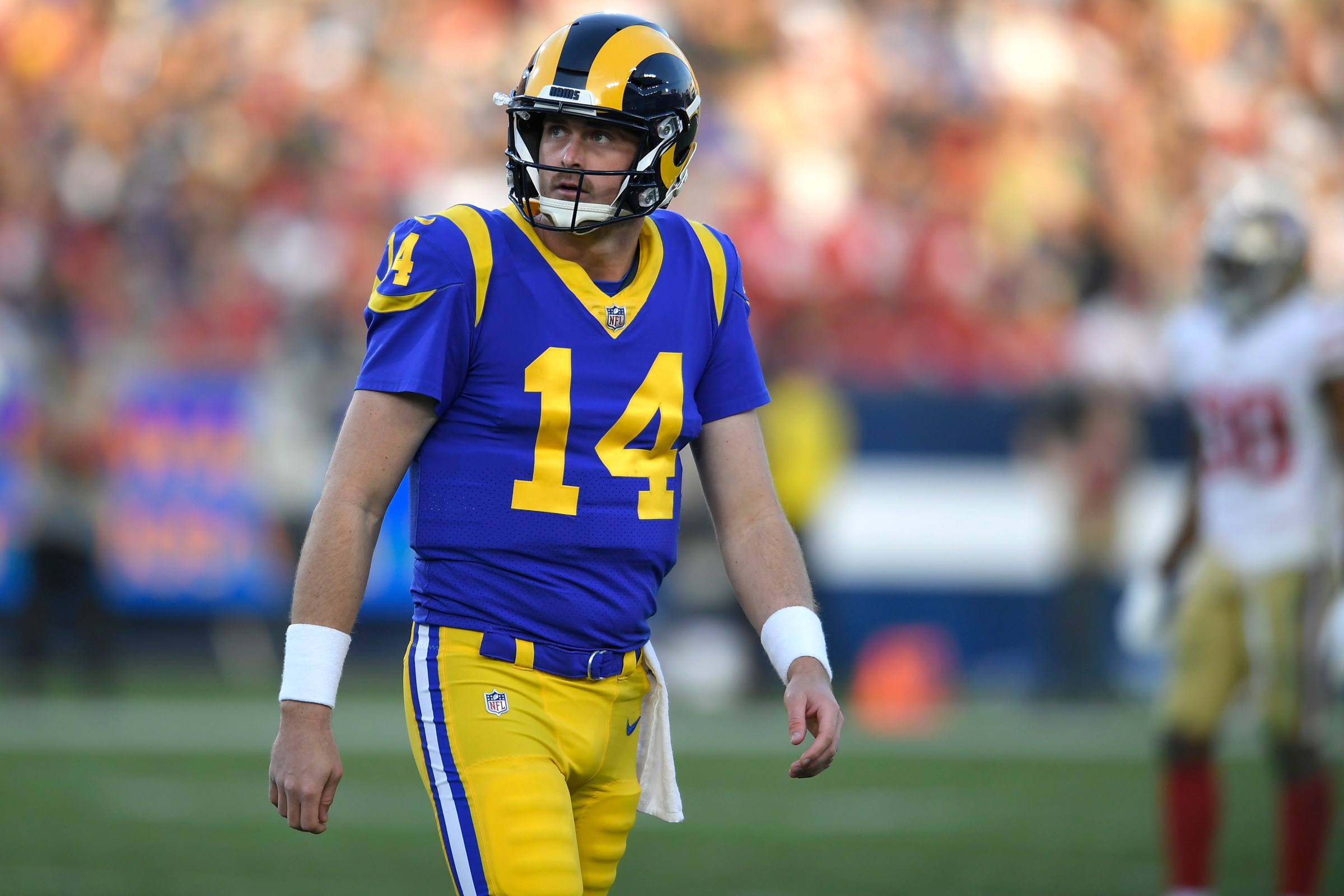 LOS ANGELES, CA - DECEMBER 30: Sean Mannion #14 of the Los Angeles Rams takes the field in the fourth quarter agaisnt the San Francisco 49ers at Los Angeles Memorial Coliseum on December 30, 2018 in Los Angeles, California. Rams won 48-32. (Photo by John McCoy/Getty Images)