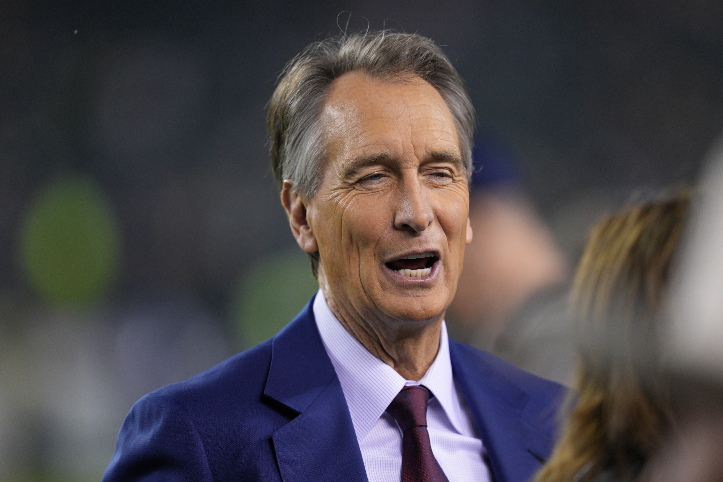 PHILADELPHIA, PA - OCTOBER 16: NBC commentator Chris Collingsworth looks on during the game between the Dallas Cowboys and the Philadelphia Eagles on October 16, 2022 at Lincoln Financial Field in Philadelphia, PA. (Photo by Andy Lewis/Icon Sportswire via Getty Images)
