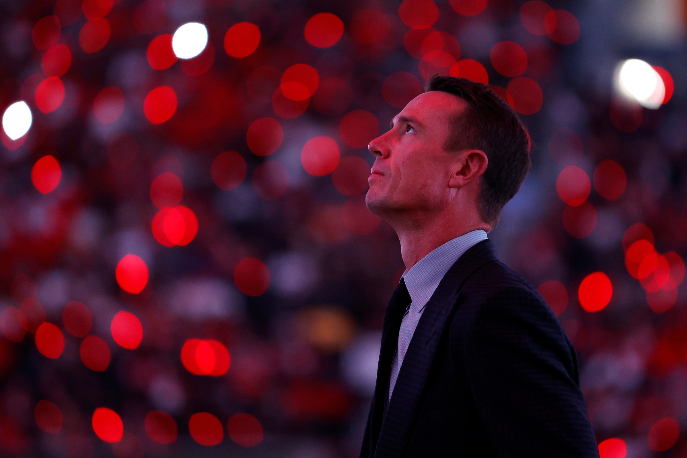 ATLANTA, GEORGIA - OCTOBER 03: Former quarterback Matt Ryan looks on during the Ring of Honor ceremony at halftime of the game between the Tampa Bay Buccaneers and the Atlanta Falcons at Mercedes-Benz Stadium on October 03, 2024 in Atlanta, Georgia. (Photo by Todd Kirkland/Getty Images)
