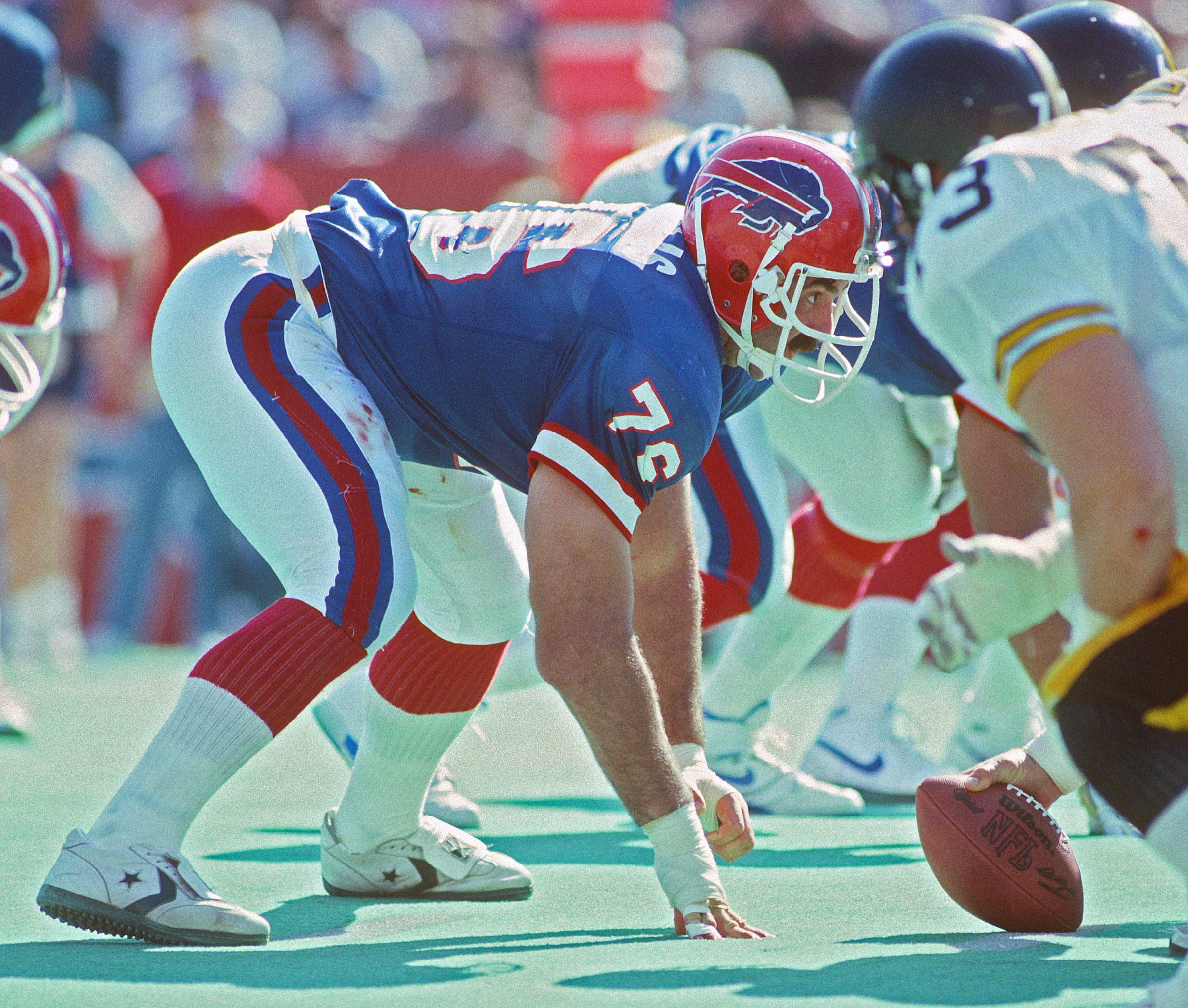 ORCHARD PARK, NY - SEPTEMBER 25: Nose tackle Fred Smerlas #76 of the Buffalo Bills looks across the line of scrimmage at the Pittsburgh Steelers during a game at Rich Stadium on September 25, 1988 in Orchard Park, New York. The Bills defeated the Steelers 36-28. (Photo by George Gojkovich/Getty Images)