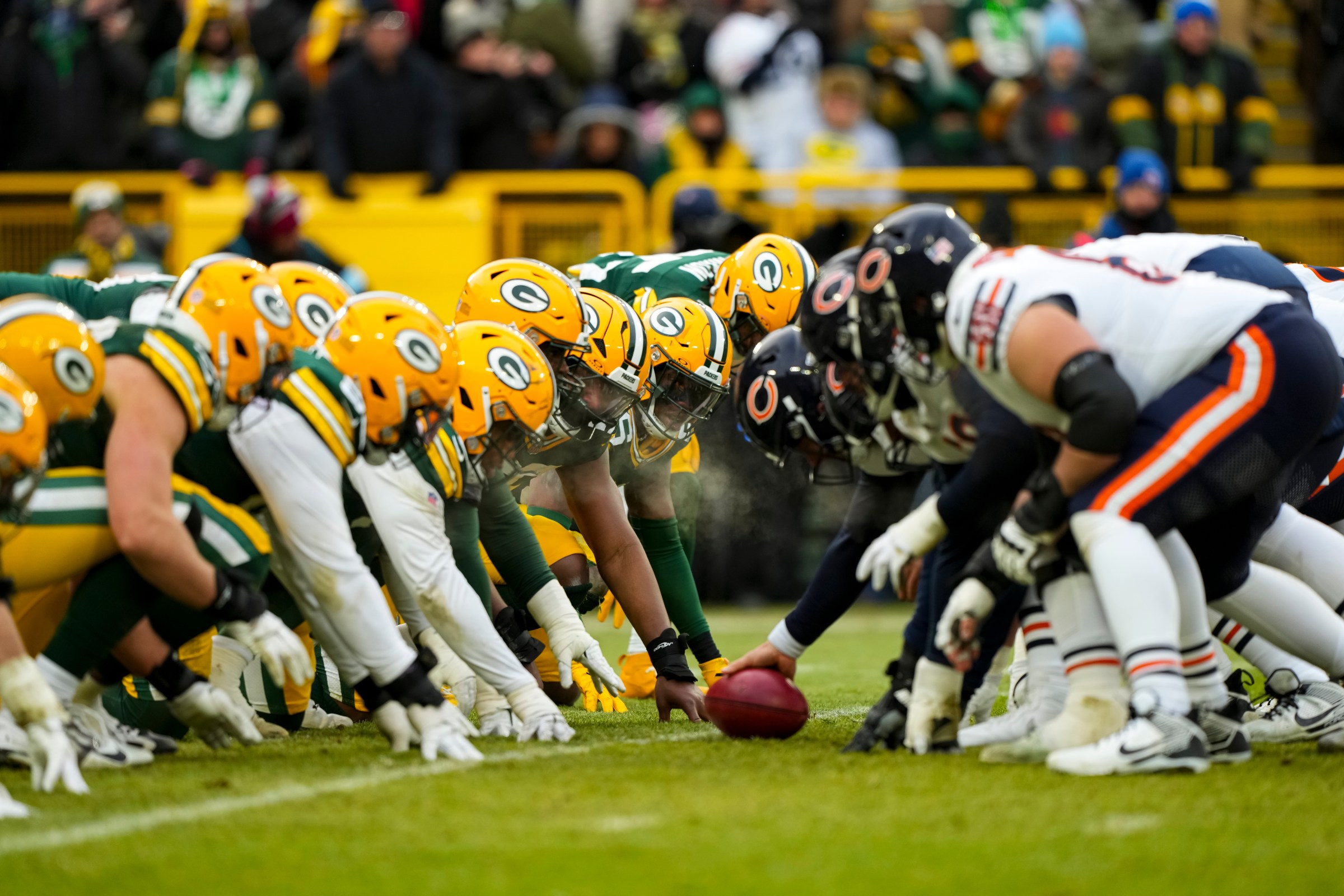 GREEN BAY, WISCONSIN - JANUARY 5: Green Bay Packers defense lines up during the fourth quarter of an NFL football game against the Chicago Bears, at Lambeau Field on January 5, 2025 in Green Bay, Wisconsin. (Photo by Todd Rosenberg/Getty Images)