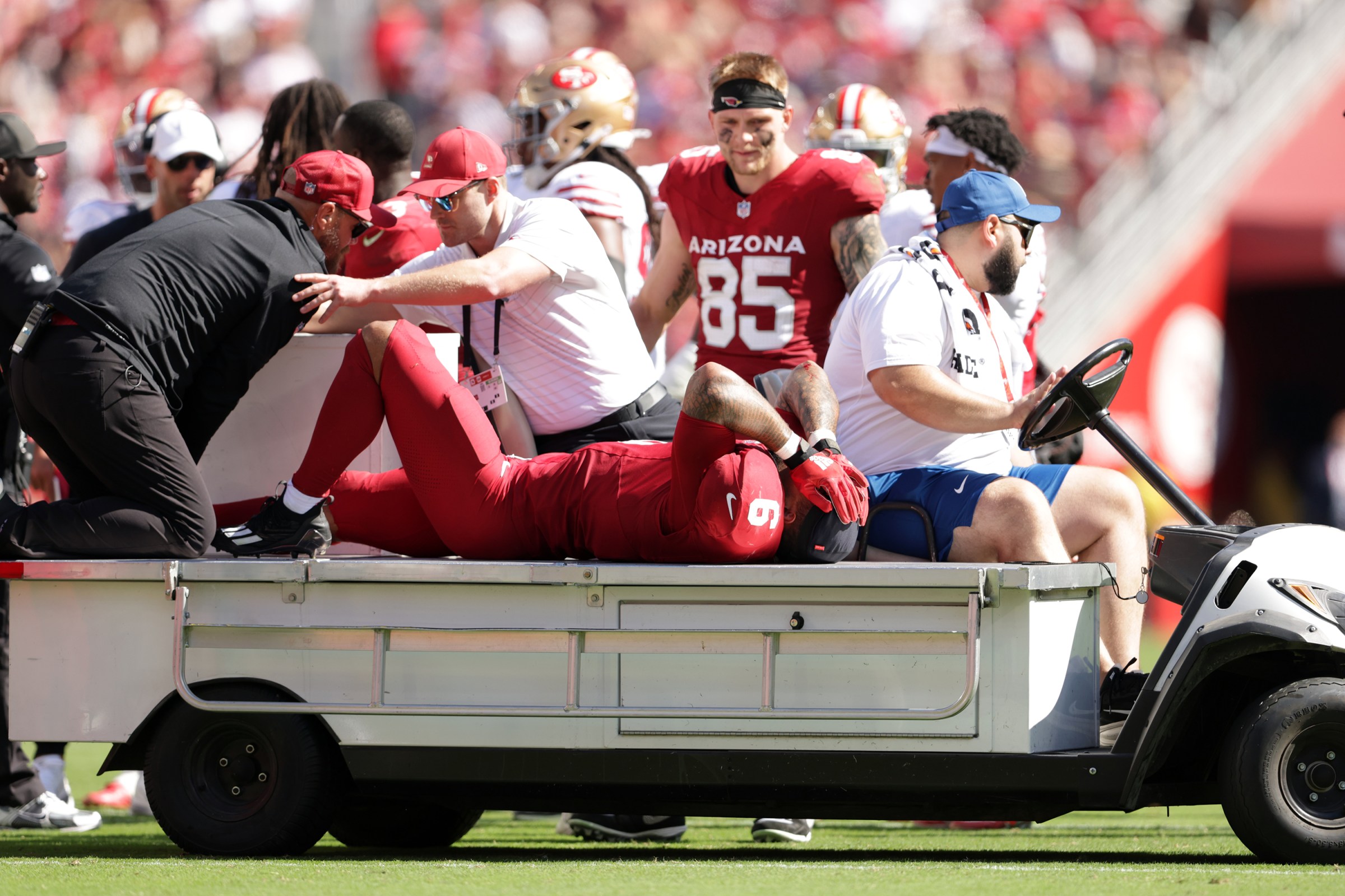 Arizona Cardinals’ James Conner is carted off the field after an injury in 3rd quarter against San Francisco 49ers during Niners’ 16-15 win during NFL game at Levi’s Stadium in Santa Clara on Sunday, September 21, 2025. (Photo by Scott Strazzante/San Francisco Chronicle via Getty Images)