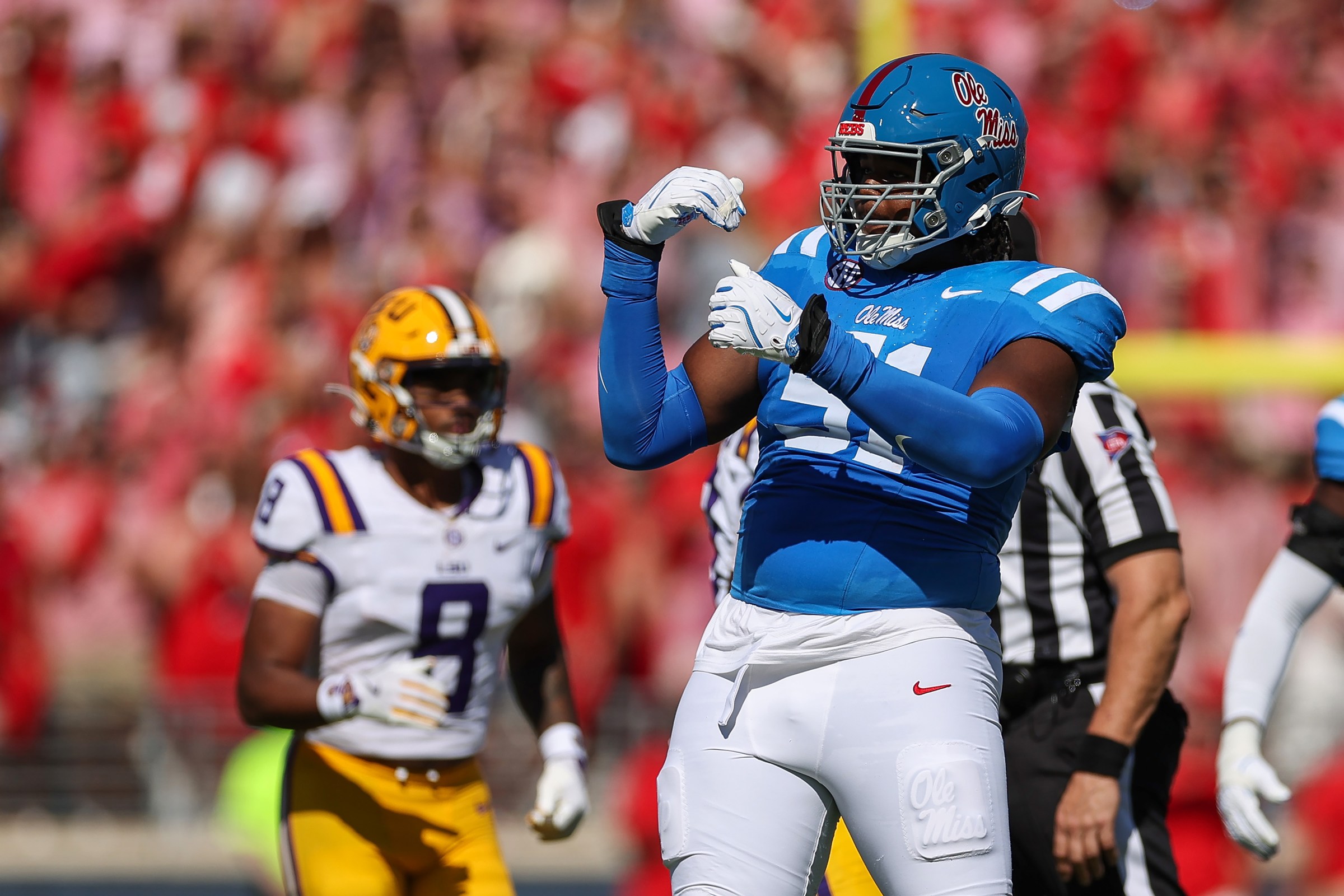 OXFORD, MISSISSIPPI - SEPTEMBER 27: Zxavian Harris #51 of the Mississippi Rebels reacts against the Louisiana State Tigers at Vaught-Hemingway Stadium on September 27, 2025 in Oxford, Mississippi. (Photo by Randy J. Williams/Getty Images)
