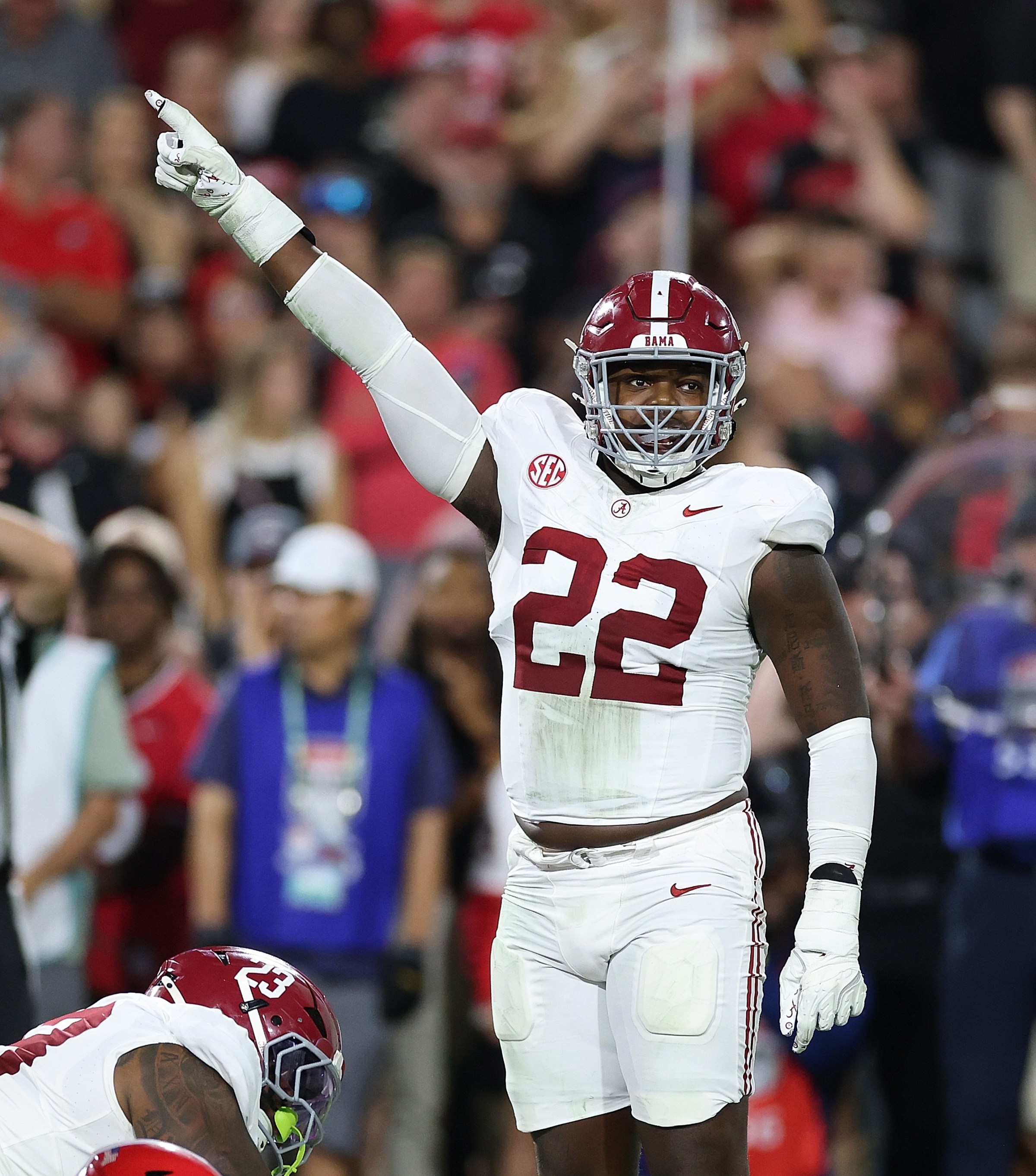 ATHENS, GEORGIA - SEPTEMBER 27: Lt Overton #22 of the Alabama Crimson Tide reacts against the Georgia Bulldogs during the second quarter at Sanford Stadium on September 27, 2025 in Athens, Georgia. (Photo by Kevin C. Cox/Getty Images)