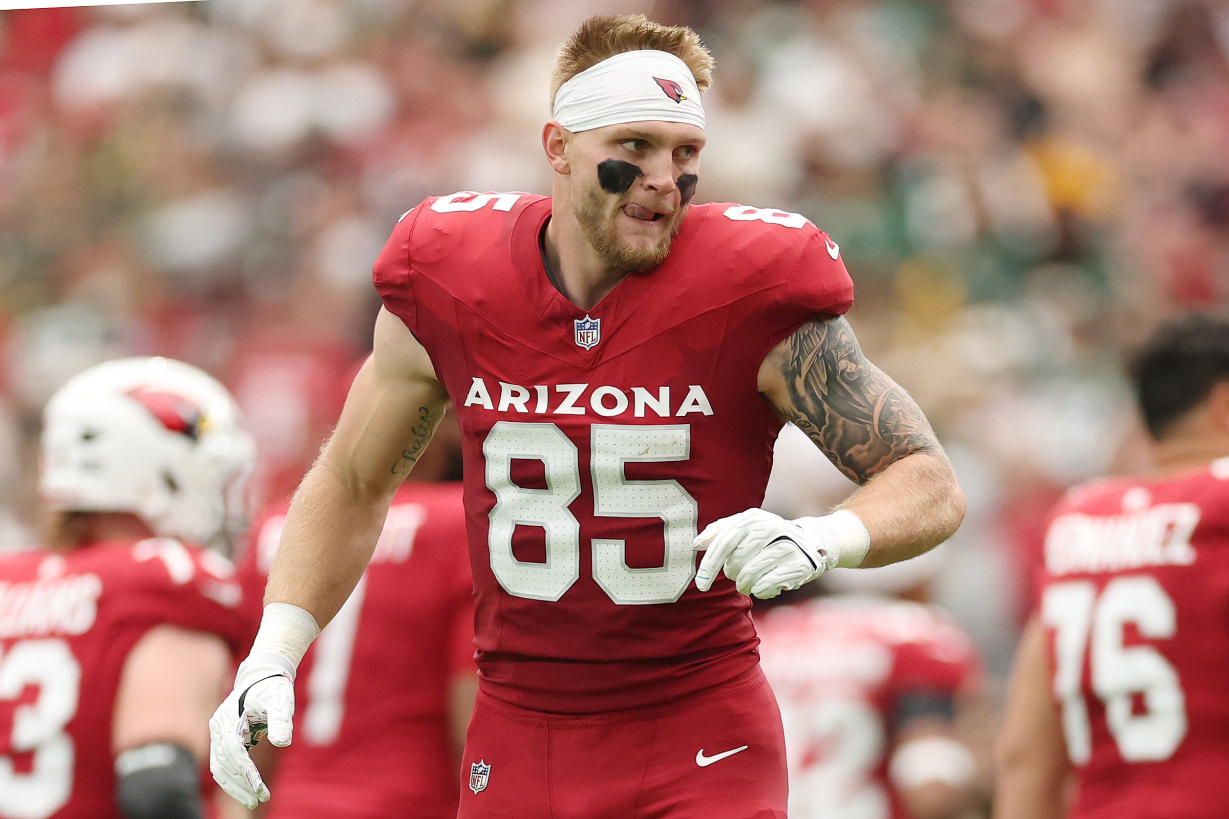 GLENDALE, ARIZONA - OCTOBER 19: Trey McBride #85 of the Arizona Cardinals looks on before a game against the Green Bay Packers at State Farm Stadium on October 19, 2025 in Glendale, Arizona. (Photo by Christian Petersen/Getty Images)