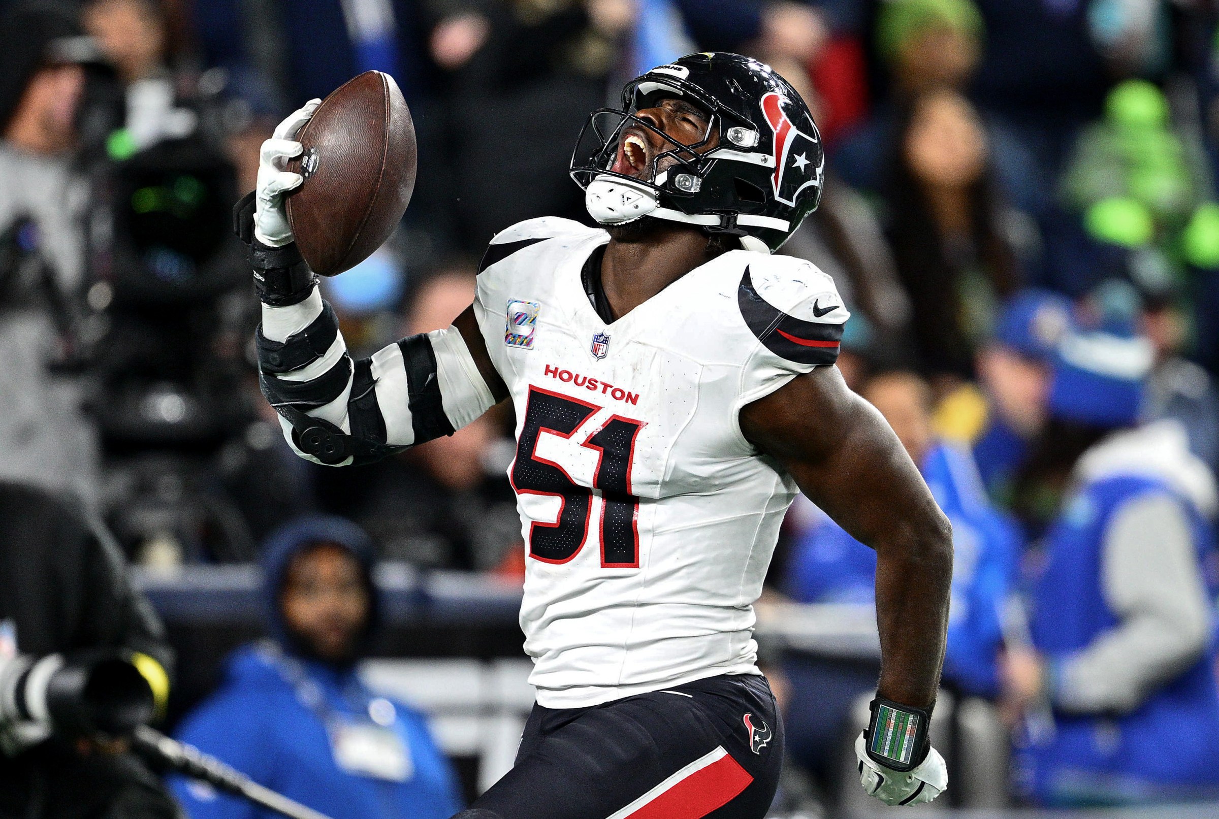 SEATTLE, WASHINGTON - OCTOBER 20: Will Anderson Jr. #51 of the Houston Texans celebrates a touchdown against the Seattle Seahawks during the third quarter at Lumen Field on October 20, 2025 in Seattle, Washington. (Photo by Jane Gershovich/Getty Images)