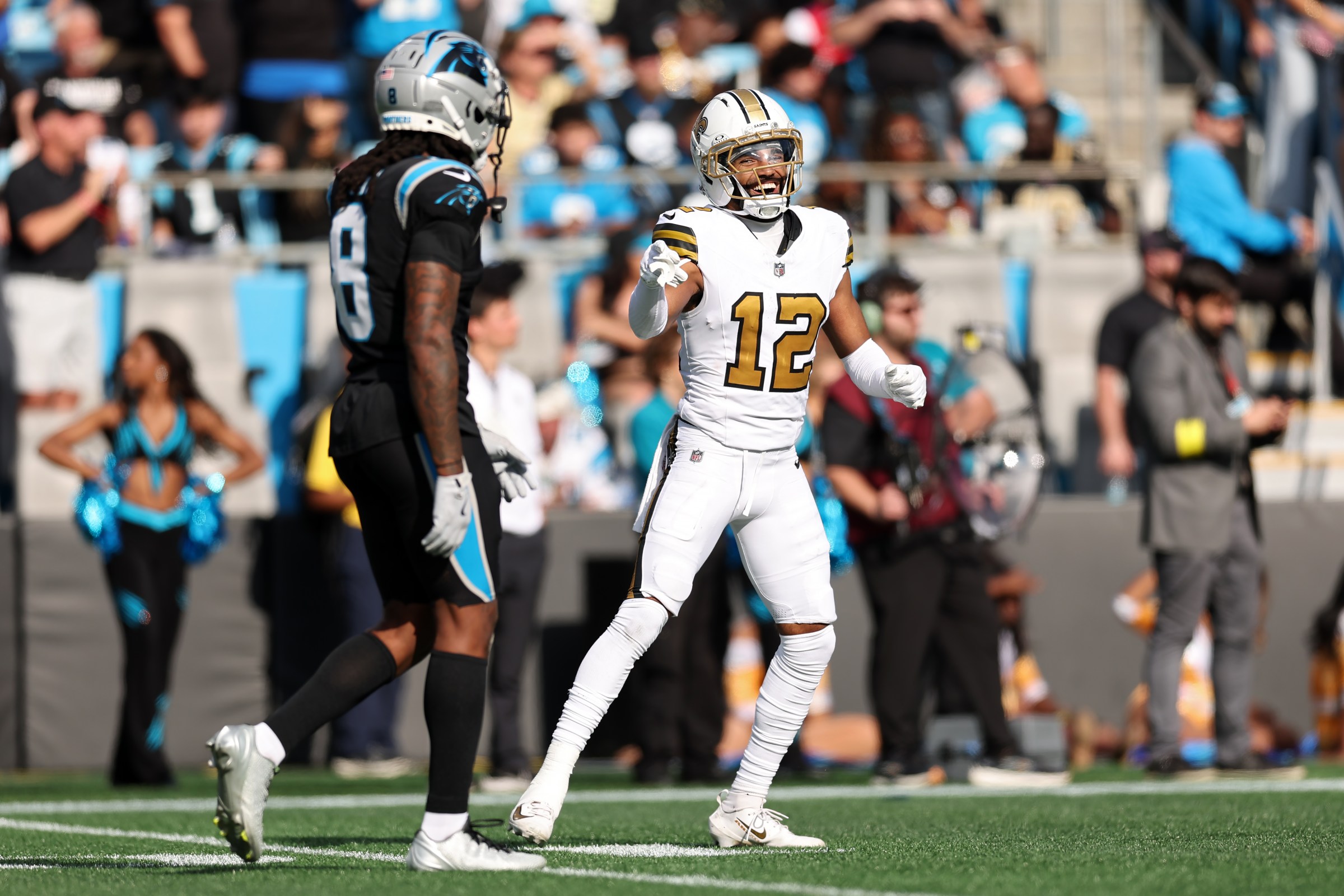 CHARLOTTE, NORTH CAROLINA - NOVEMBER 09: Chris Olave #12 of the New Orleans Saints celebrates against the Carolina Panthers during the first half in the game at Bank of America Stadium on November 09, 2025 in Charlotte, North Carolina. (Photo by David Jensen/Getty Images)