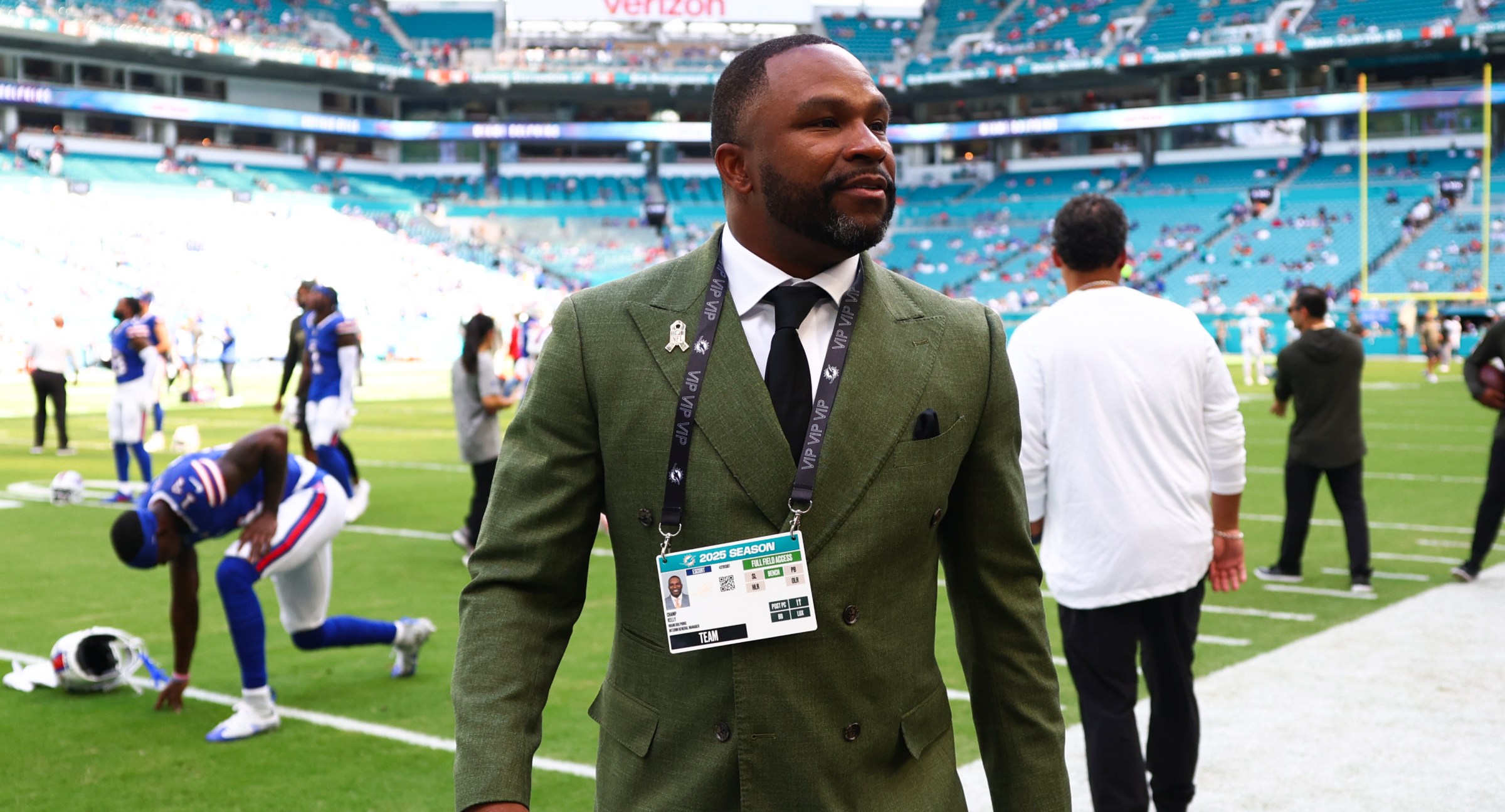 MIAMI GARDENS, FLORIDA - NOVEMBER 09: Interim general manager Champ Kelly of the Miami Dolphins looks on prior to a game against the Buffalo Bills at Hard Rock Stadium on November 09, 2025 in Miami Gardens, Florida. (Photo by Megan Briggs/Getty Images)