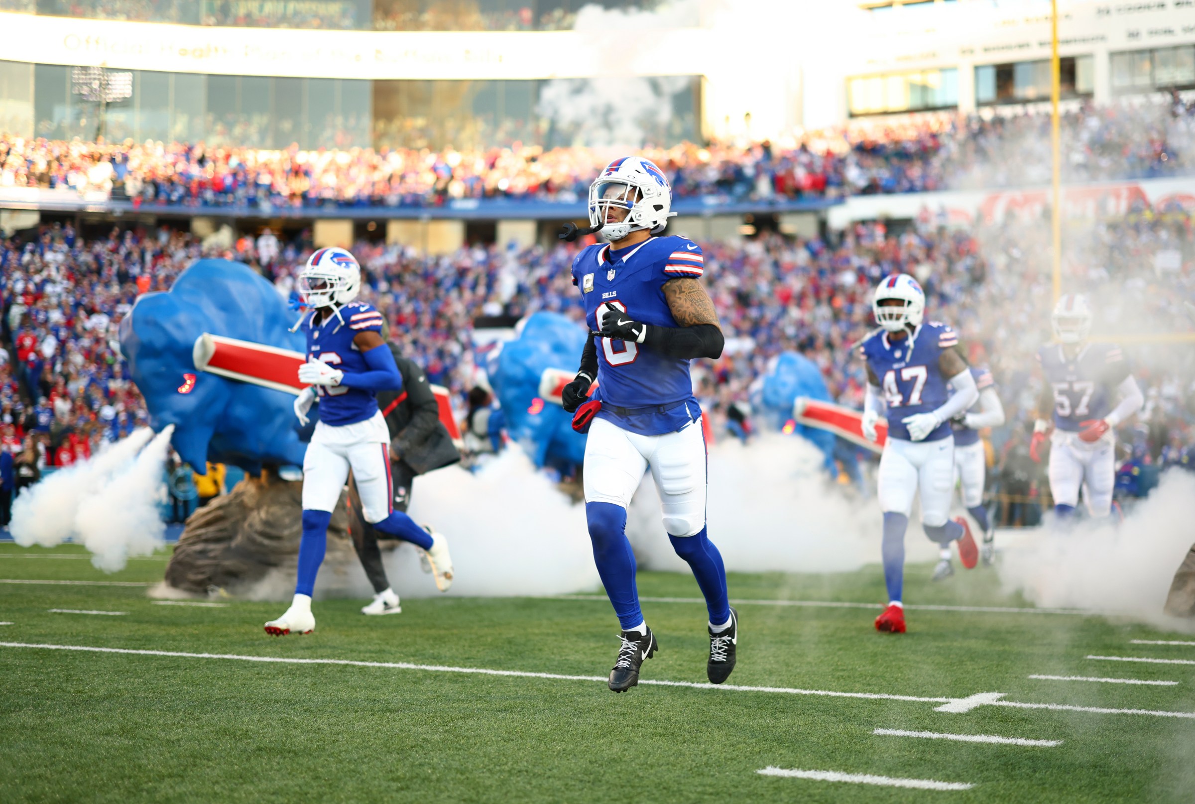 ORCHARD PARK, NEW YORK - NOVEMBER 2: Terrel Bernard #8 of the Buffalo Bills runs onto the field prior to an NFL football game against the Kansas City Chiefs at Highmark Stadium on November 2, 2025 in Orchard Park, New York. (Photo by Kevin Sabitus/Getty Images)