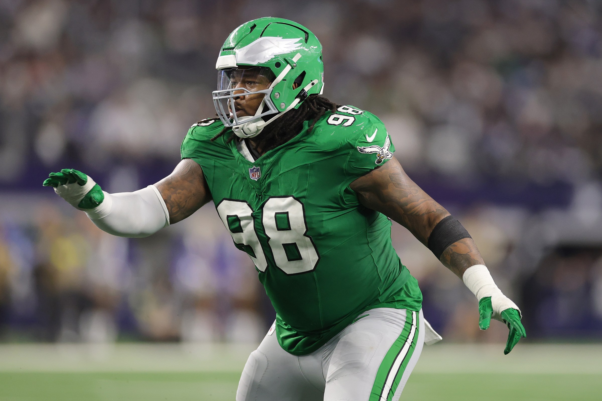 ARLINGTON, TEXAS - NOVEMBER 23: Jalen Carter #98 of the Philadelphia Eagles rushes the passer during a game against the Dallas Cowboys at AT&T Stadium on November 23, 2025 in Arlington, Texas. (Photo by Stacy Revere/Getty Images)