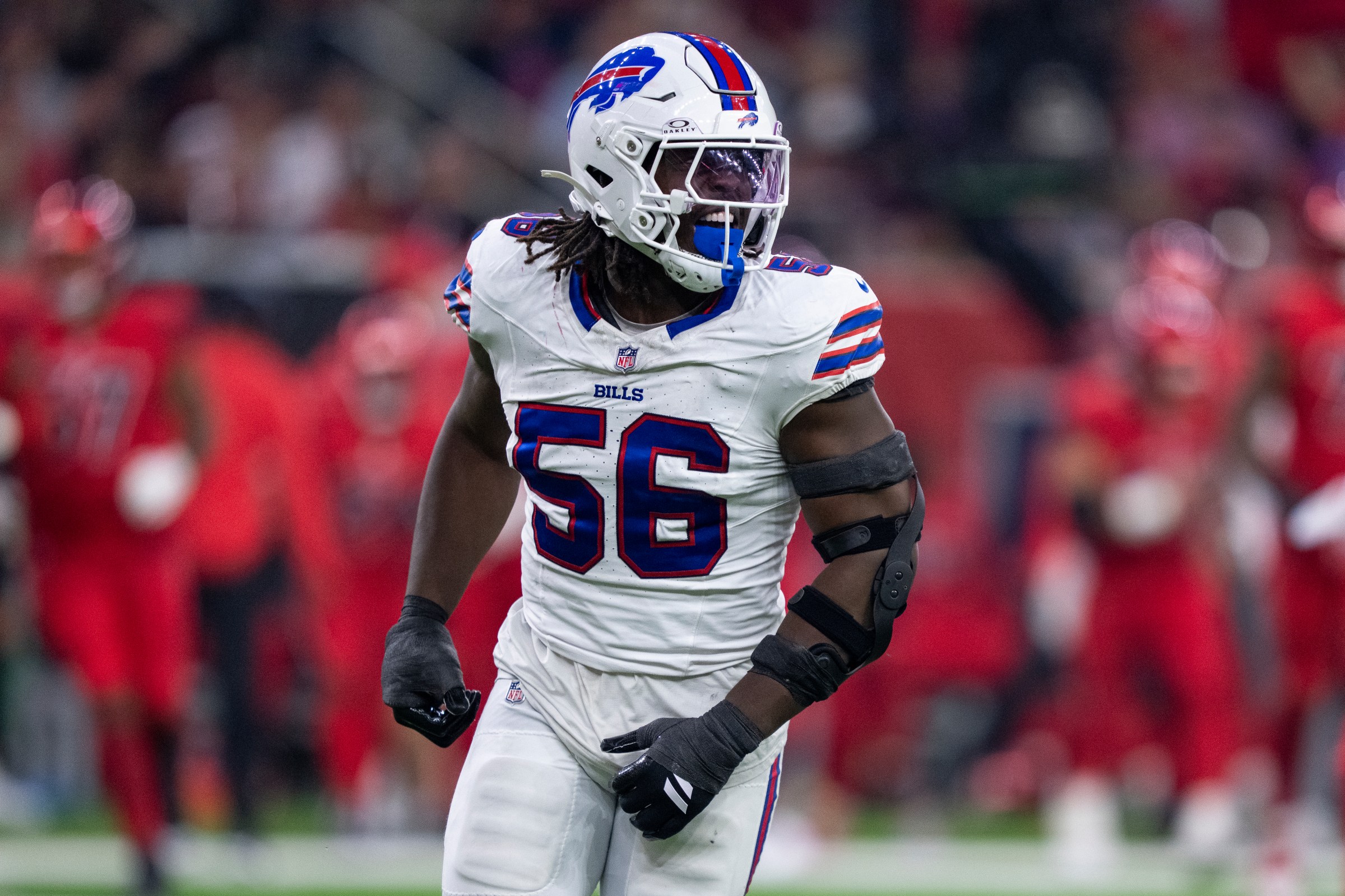 HOUSTON, TEXAS - NOVEMBER 20: Javon Solomon #56 of the Buffalo Bills reacts during an NFL football game against the Houston Texans at NRG Stadium on November 20, 2025 in Houston, Texas. (Photo by Michael Owens/Getty Images)