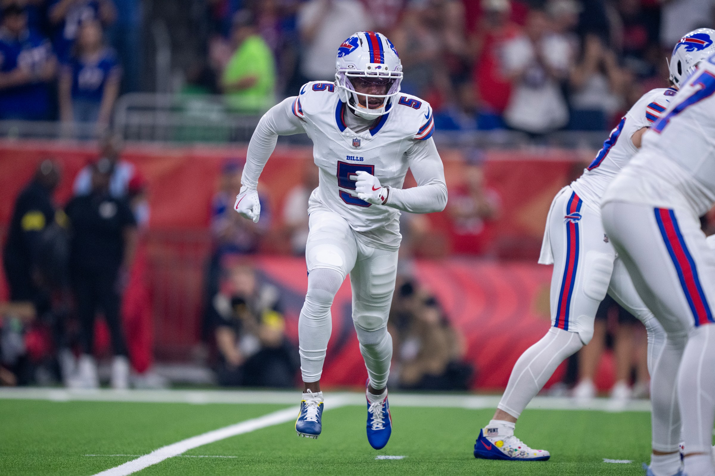 HOUSTON, TEXAS - NOVEMBER 20: Joshua Palmer #5 of the Buffalo Bills runs during an NFL football game against the Houston Texans at NRG Stadium on November 20, 2025 in Houston, Texas. (Photo by Michael Owens/Getty Images)