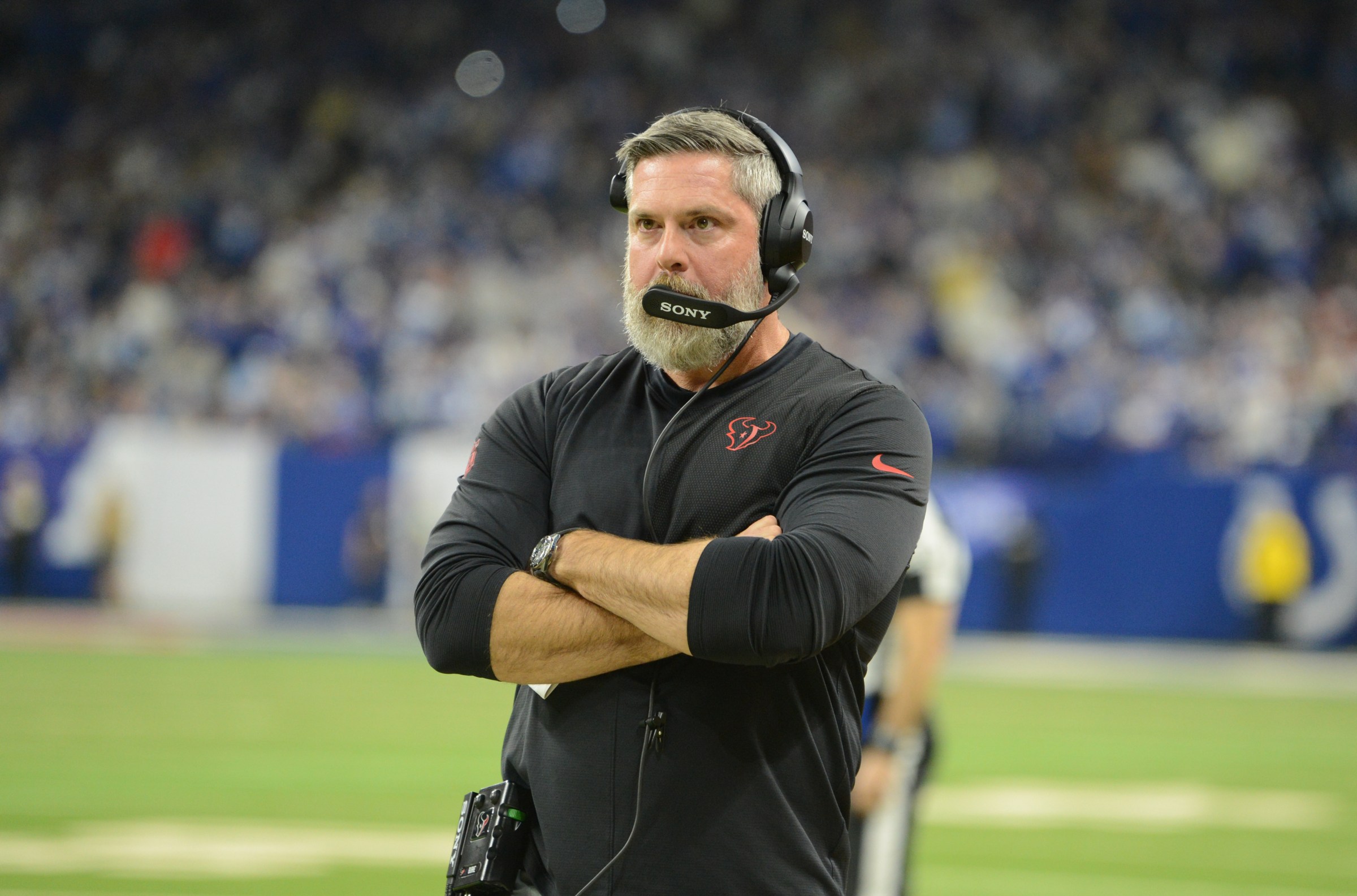 INDIANAPOLIS, IN - NOVEMBER 30: Houston Texans assistant coach Matt Burke watches action during game featuring the Houston Texans and Indianapolis Colts on November 30, 2025 at Lucas Oil Stadium in Indianapolis, IN. (Photo by John Rivera/Icon Sportswire via Getty Images)