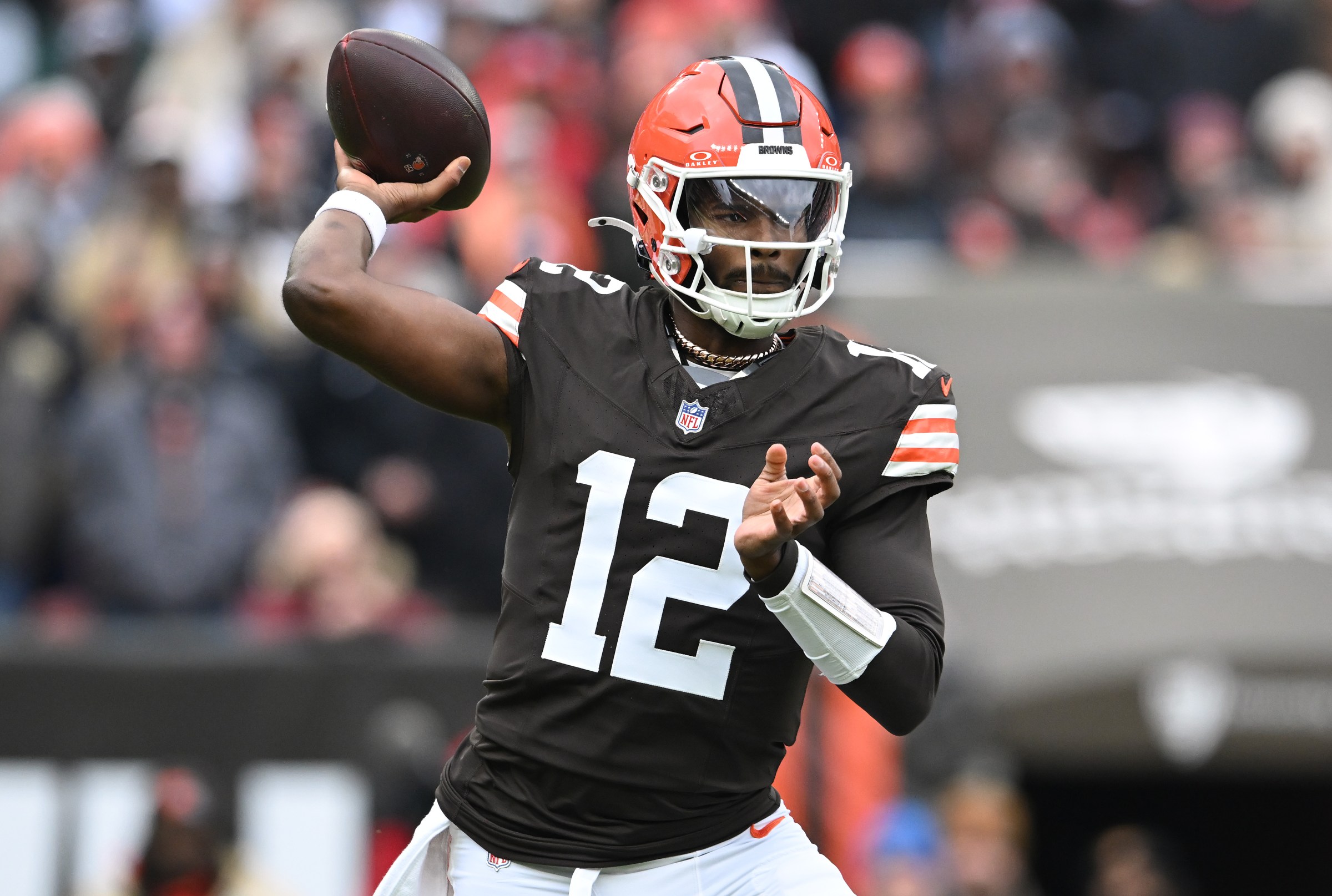 CLEVELAND, OHIO - NOVEMBER 30: Shedeur Sanders #12 of the Cleveland Browns passes the ball against the San Francisco 49ers during the first quarter at Huntington Bank Field on November 30, 2025 in Cleveland, Ohio. (Photo by Nick Cammett/Getty Images)