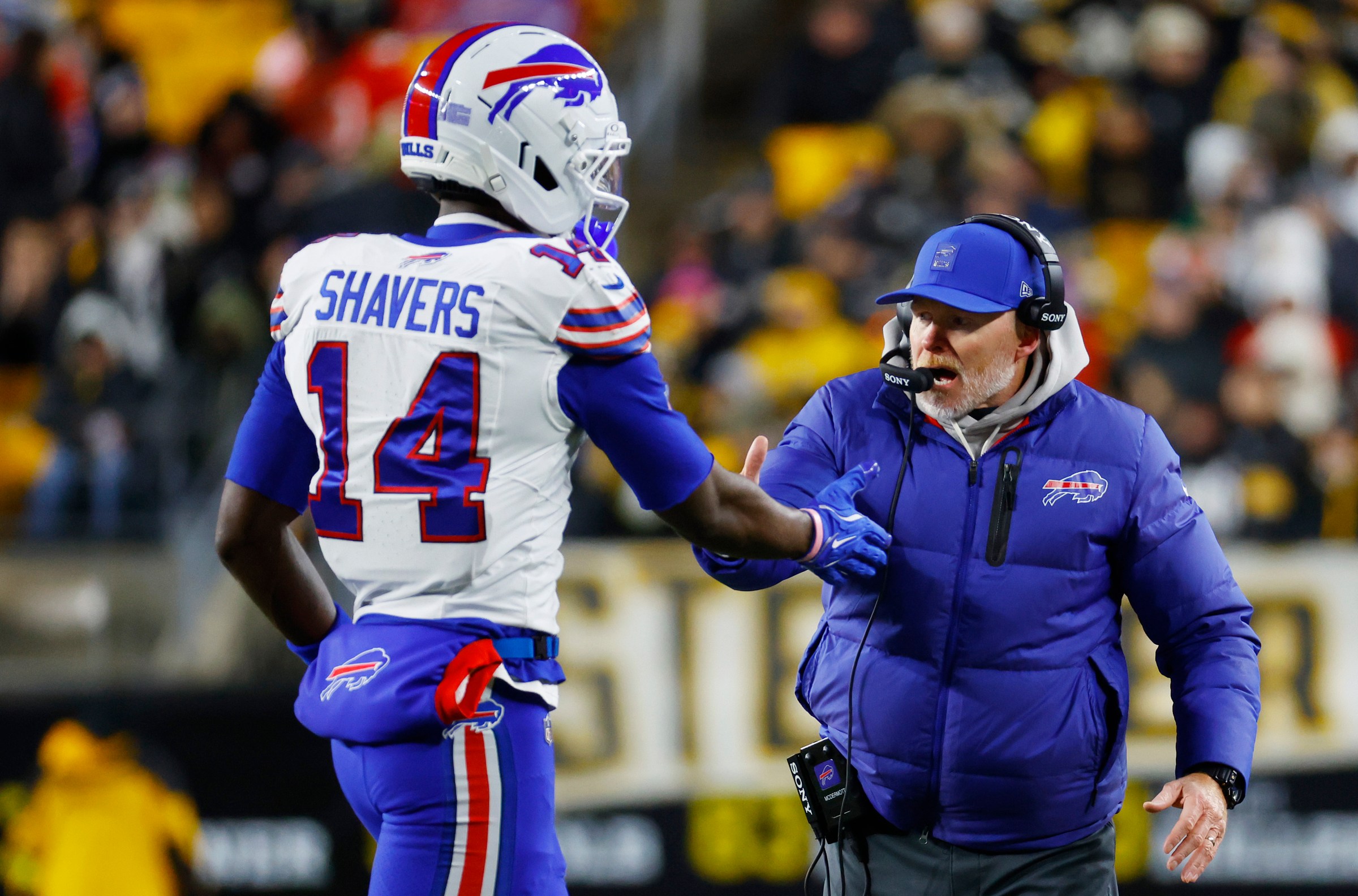 PITTSBURGH, PENNSYLVANIA - NOVEMBER 30: Tyrell Shavers #14 and head coach Sean McDermott of the Buffalo Bills high five in the second quarter of a game against the Pittsburgh Steelers at Acrisure Stadium on November 30, 2025 in Pittsburgh, Pennsylvania. (Photo by Justin K. Aller/Getty Images)