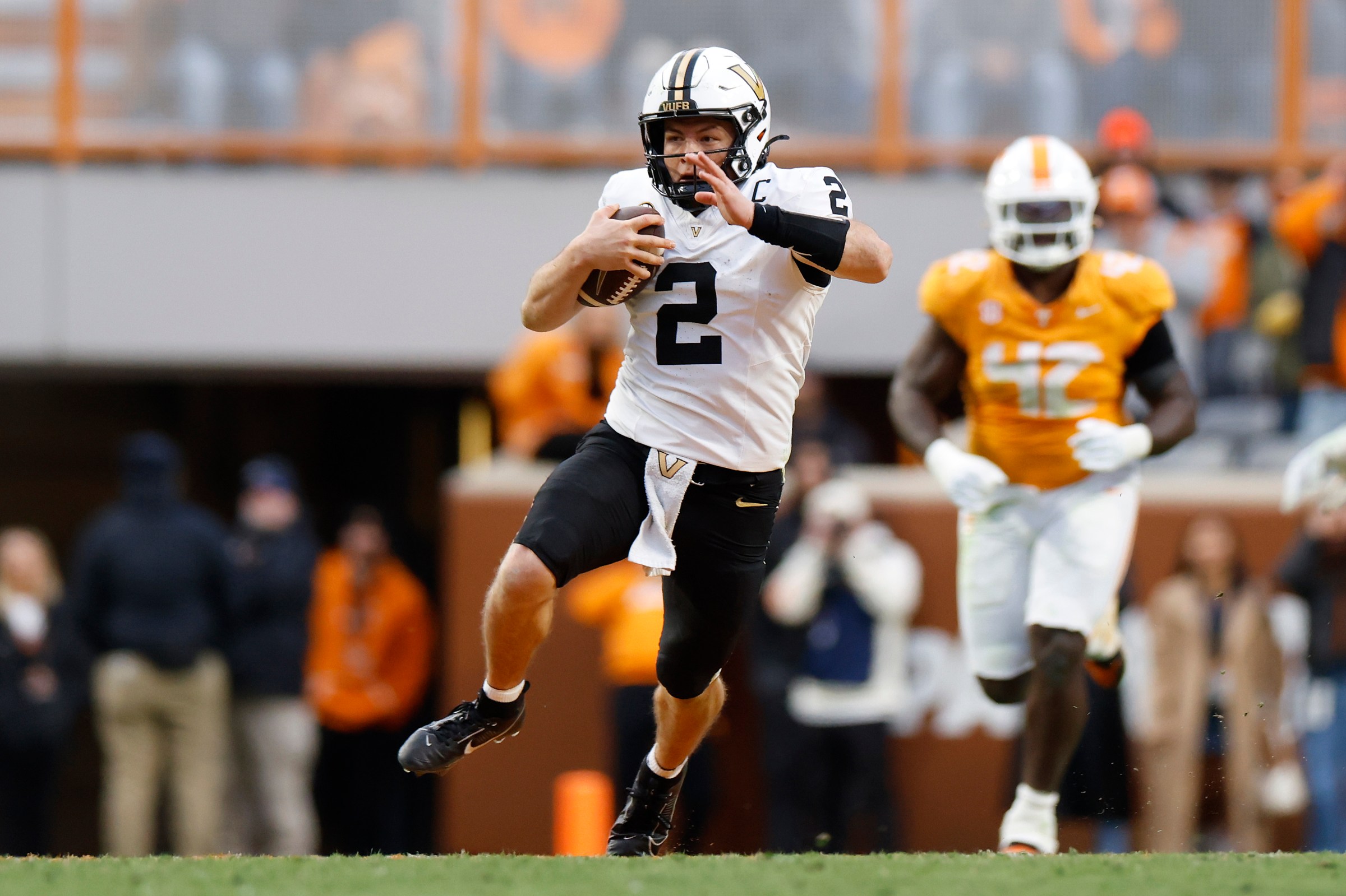 KNOXVILLE, TENNESSEE - NOVEMBER 29: Diego Pavia #2 of the Vanderbilt Commodores runs the ball during the first half of the game against the Tennessee Volunteers at Neyland Stadium on November 29, 2025 in Knoxville, Tennessee. (Photo by Johnnie Izquierdo/Getty Images)