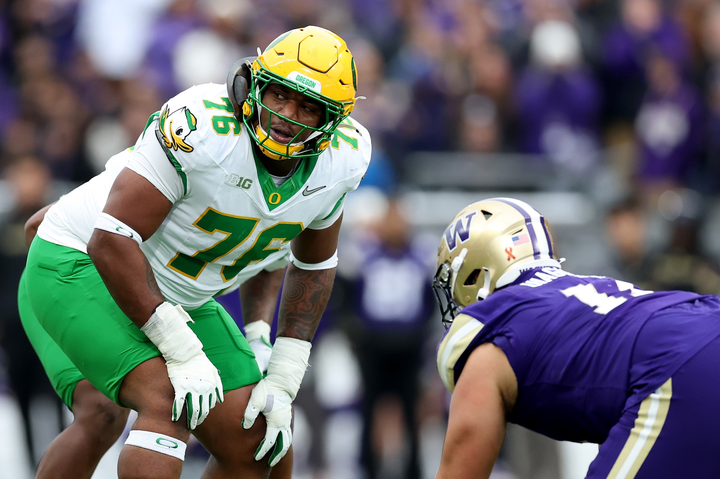 SEATTLE, WASHINGTON - NOVEMBER 29: Isaiah World #76 of the Oregon Ducks lines up against the Washington Huskies at Husky Stadium on November 29, 2025 in Seattle, Washington. (Photo by Steph Chambers/Getty Images)