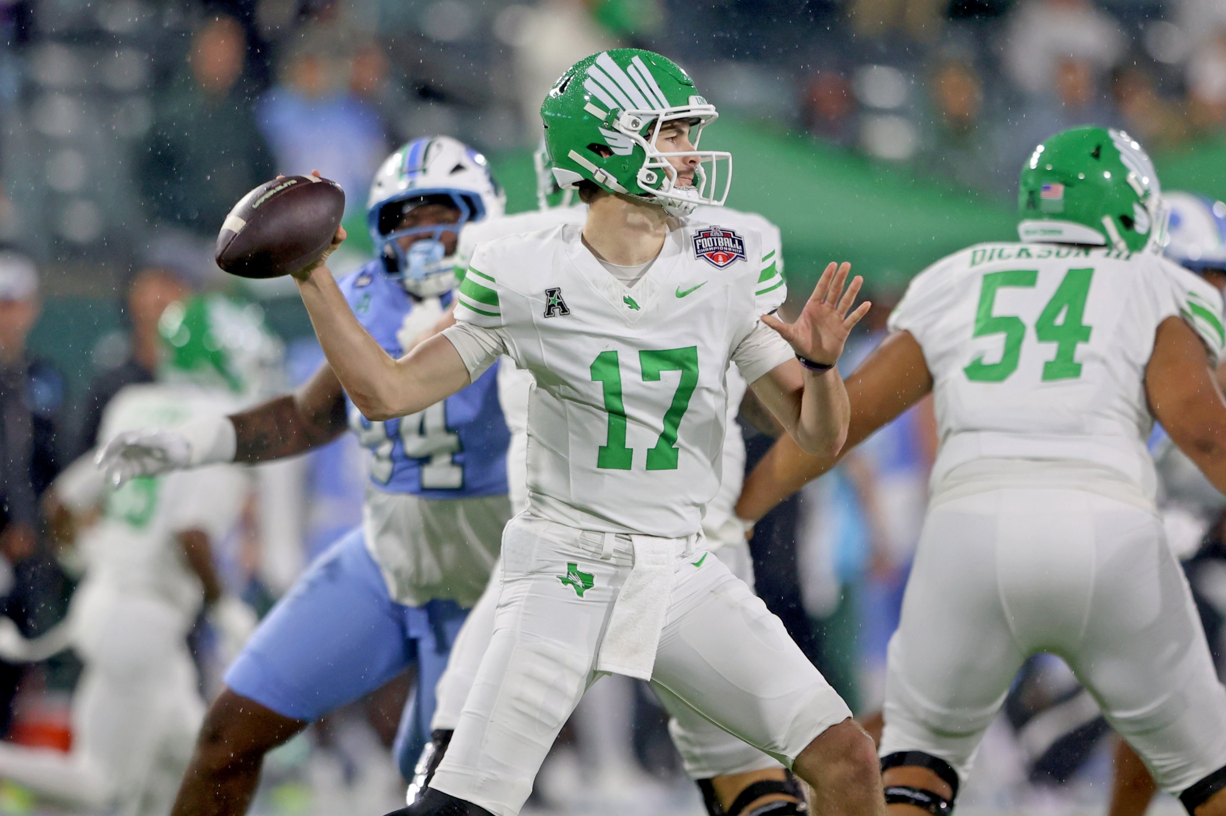 NEW ORLEANS, LOUISIANA - DECEMBER 5: Quarterback Drew Mestemaker #17 of the North Texas Mean Green throws in the second quarter against the Tulane Green Wave during the 2025 American Conference Football Championship at Yulman Stadium on December 5, 2025 in New Orleans, Louisiana. (Photo by Michael DeMocker/Getty Images)