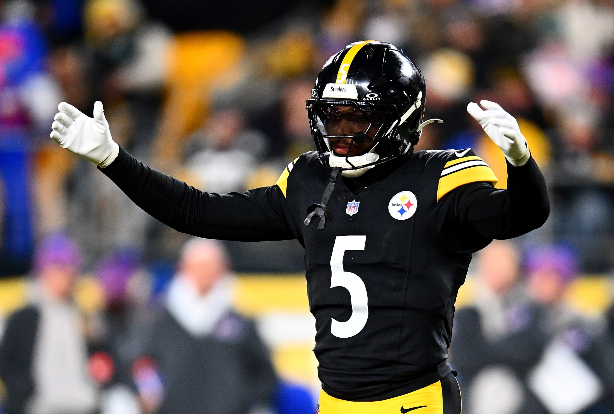 PITTSBURGH, PENNSYLVANIA - NOVEMBER 30: Jalen Ramsey #5 of the Pittsburgh Steelers in action during the game against the Buffalo Bills at Acrisure Stadium on November 30, 2025 in Pittsburgh, United States. (Photo by Joe Sargent/Getty Images)