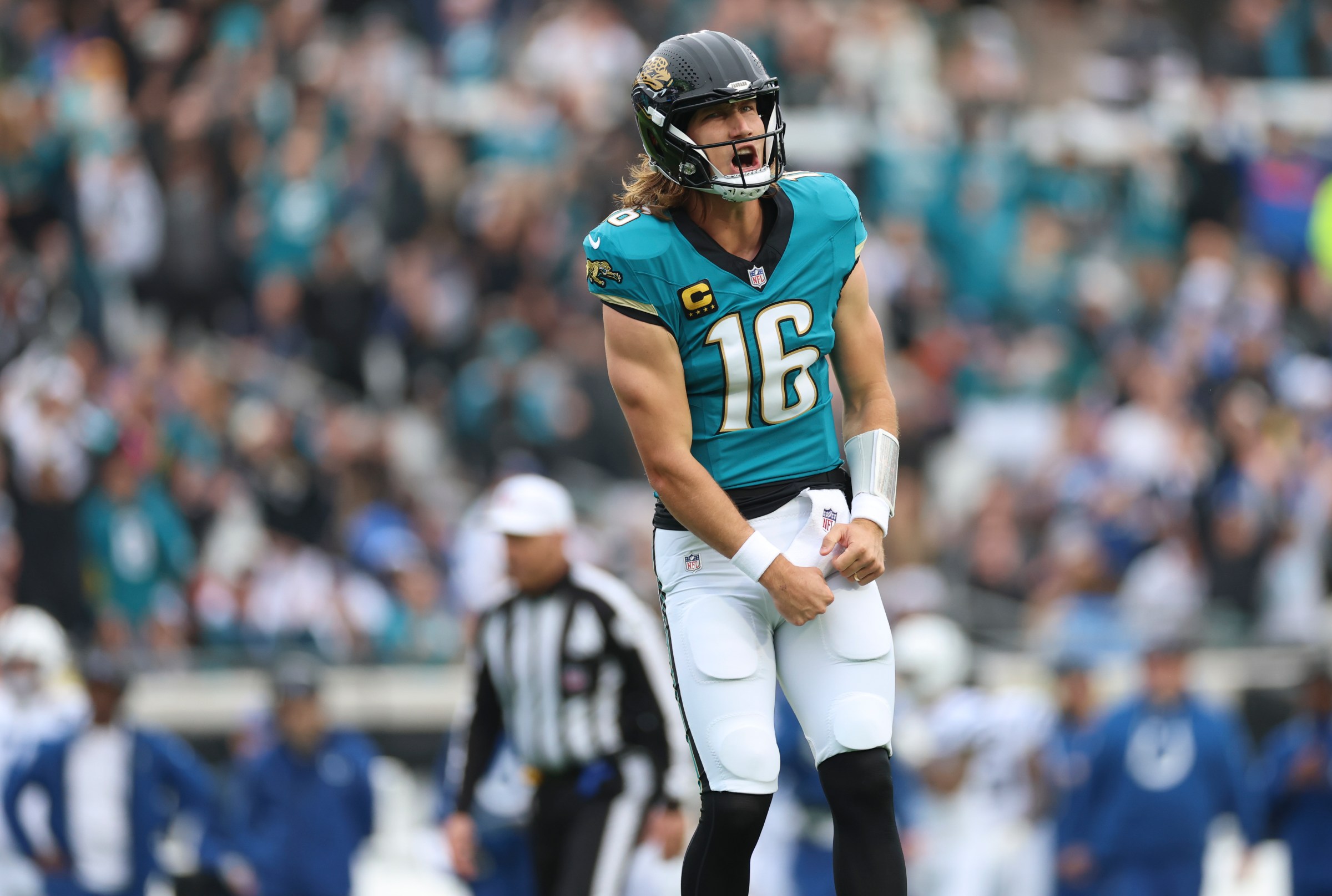JACKSONVILLE, FLORIDA - DECEMBER 7: Trevor Lawrence #16 of the Jacksonville Jaguars celebrates a touchdown during the first quarter of the NFL 2025 game against the Indianapolis Colts at Everbank Stadium on December 7, 2025 in Jacksonville, Florida. (Photo by Logan Bowles/Getty Images)