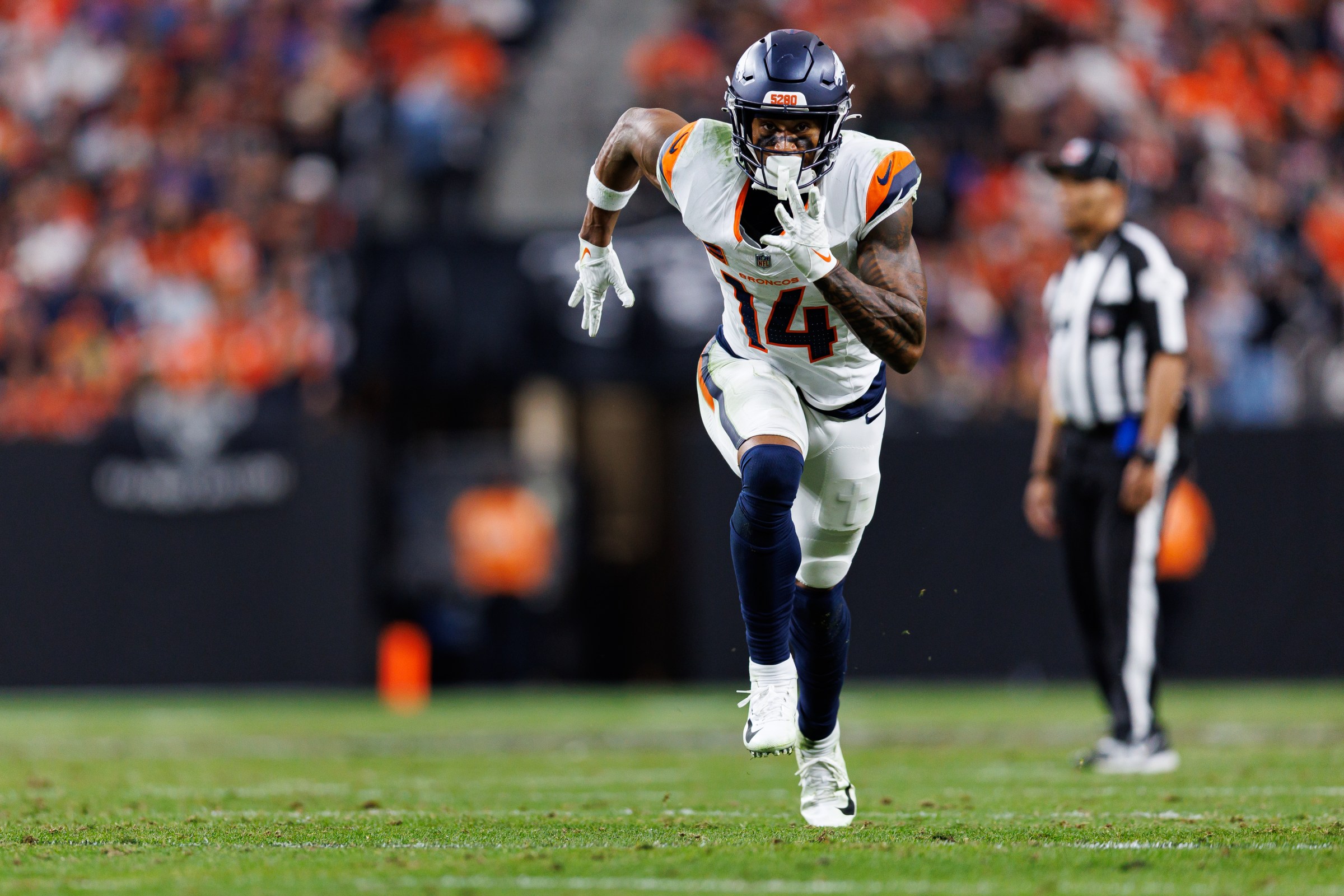 LAS VEGAS, NEVADA - DECEMBER 7: Courtland Sutton #14 of the Denver Broncos runs downfield during the fourth quarter of an NFL football game against the Las Vegas Raiders at Allegiant Stadium on December 07, 2025 in Las Vegas, Nevada. (Photo by Brooke Sutton/Getty Images)