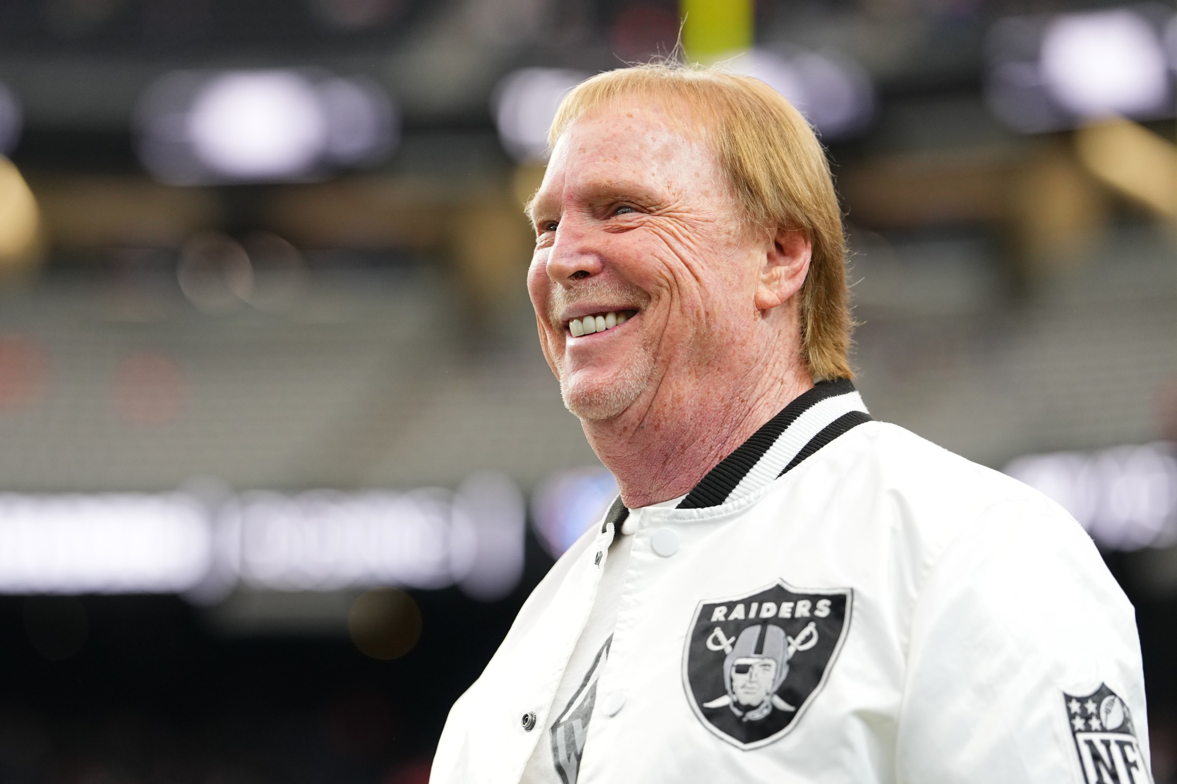 LAS VEGAS, NEVADA - DECEMBER 07: Owner and managing general partner Mark Davis of the Las Vegas Raiders walks onto the field before a game against the Denver Broncos at Allegiant Stadium on December 07, 2025 in Las Vegas, Nevada. (Photo by Chris Unger/Getty Images)