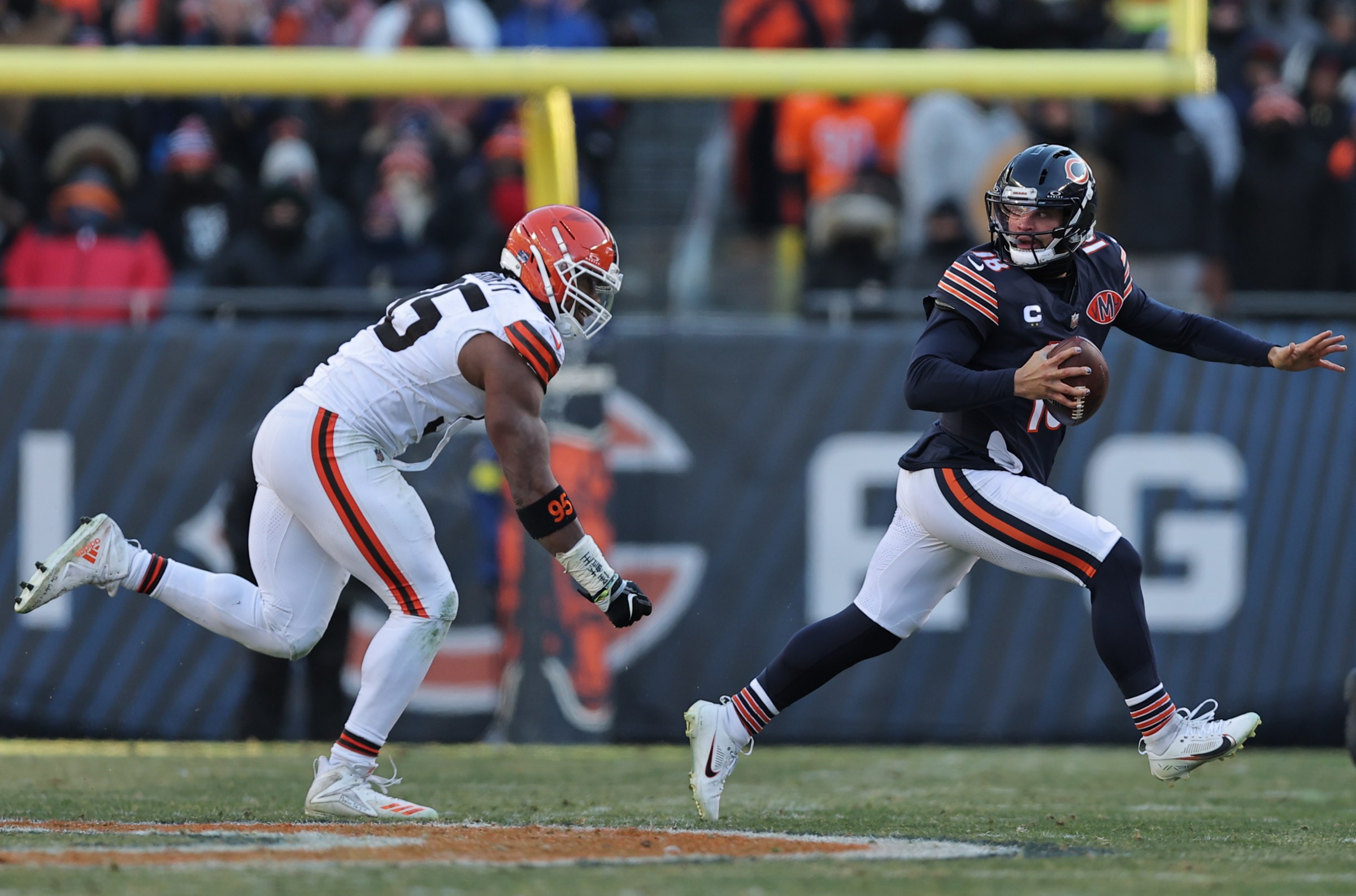 CHICAGO, IL - DECEMBER 14: Myles Garrett #95 of the Cleveland Browns chases Caleb Williams #18 of the Chicago Bears during the second half on December 14, 2025 at Soldier Field in Chicago Illinois. (Photo by Melissa Tamez/Icon Sportswire via Getty Images)