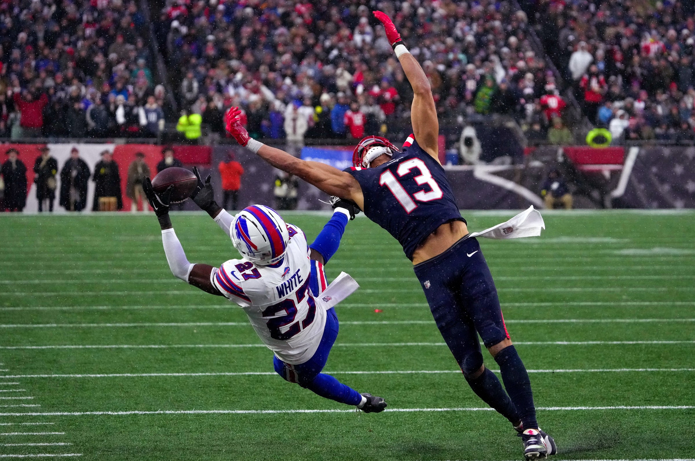 Foxborough, MA - December 14: Buffalo Bills cornerback Tre’Davious White intercepts a pass intended for New England Patriots wide receiver Mack Hollins in the third quarter. The Patriots played the Bills at Gillette Stadium on December 14, 2025. (Photo by Barry Chin/The Boston Globe via Getty Images)