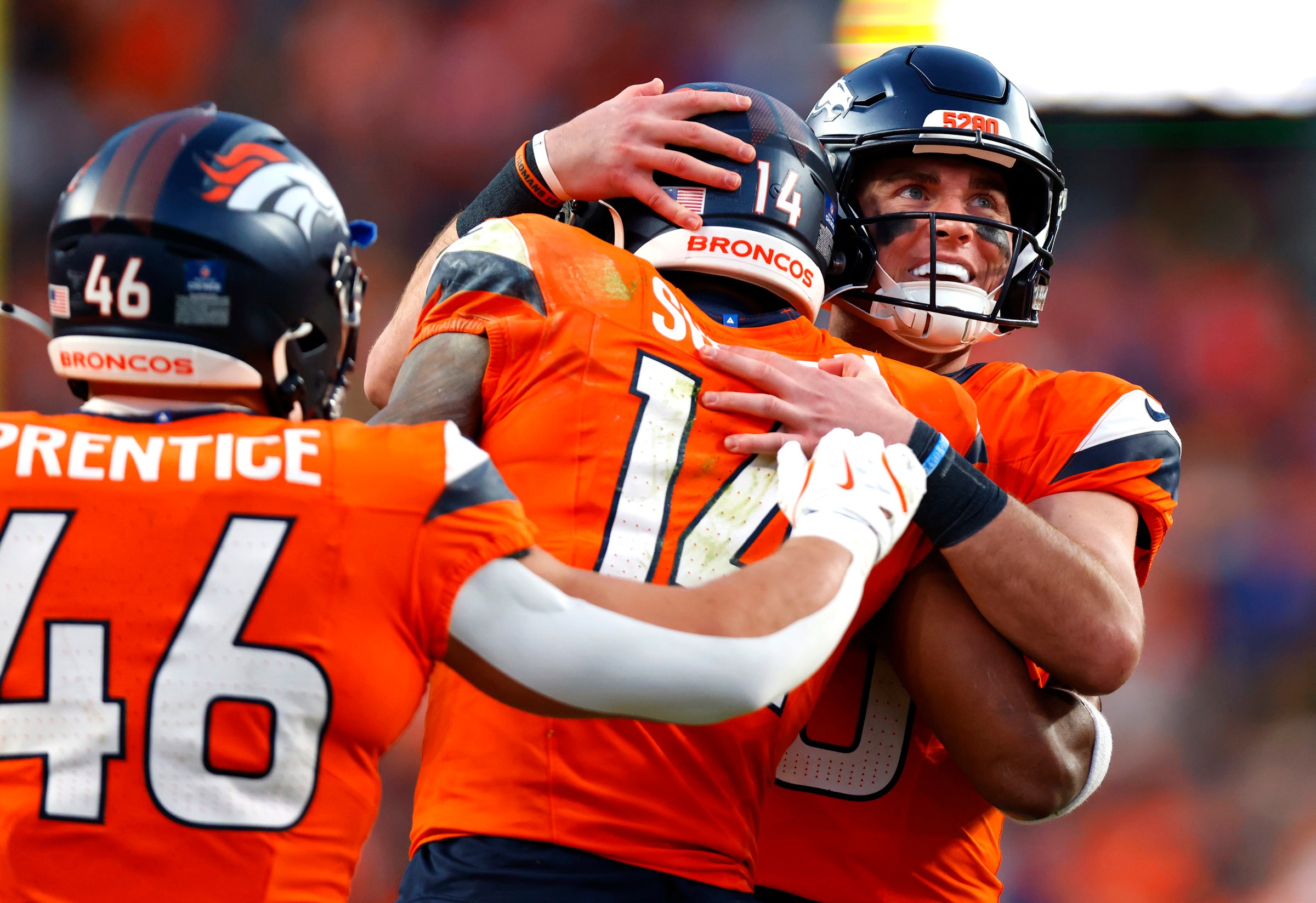DENVER, COLORADO - DECEMBER 14: Bo Nix #10 of the Denver Broncos celebrates after throwing a touchdown pass to Courtland Sutton #14 during the third quarter against the Green Bay Packers at Empower Field At Mile High on December 14, 2025 in Denver, Colorado. (Photo by Justin Edmonds/Getty Images)