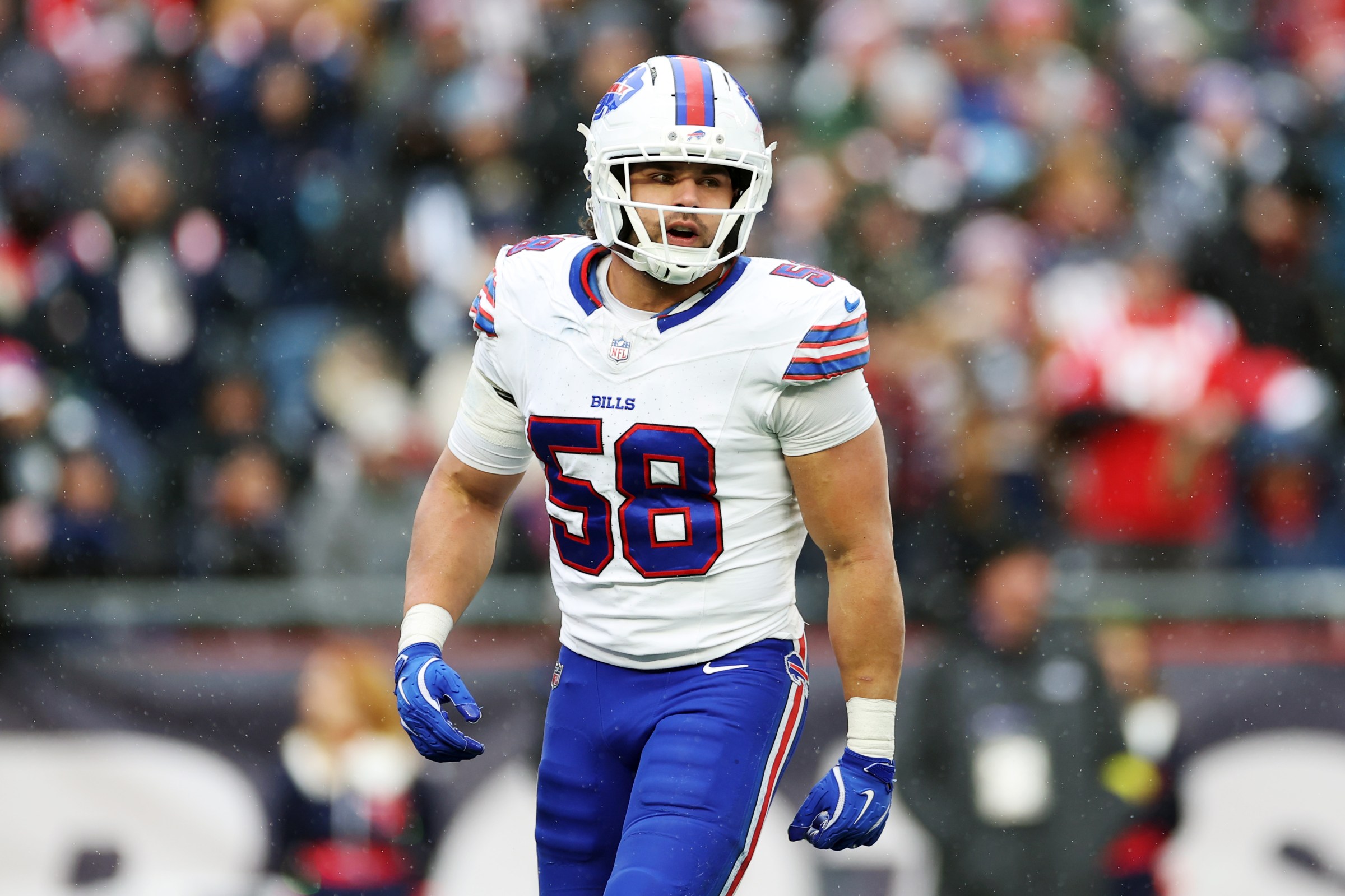 FOXBOROUGH, MASSACHUSETTS - DECEMBER 14: Matt Milano #58 of the Buffalo Bills in action against the New England Patriots at Gillette Stadium on December 14, 2025 in Foxborough, Massachusetts. (Photo by Sarah Stier/Getty Images)