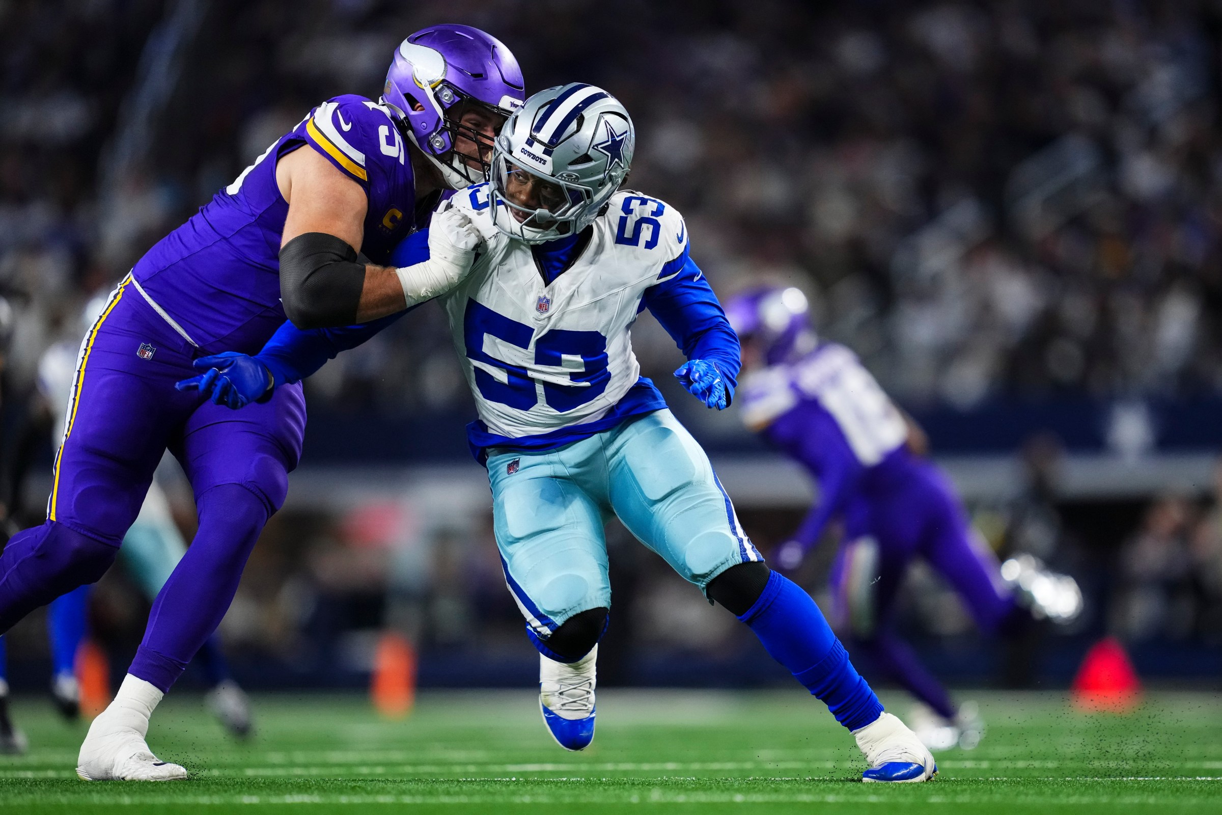 ARLINGTON, TX - DECEMBER 14: James Houston #53 of the Dallas Cowboys rushes the passer during an NFL football game against the Minnesota Vikings at AT&T Stadium on December 14, 2025 in Arlington, Texas. (Photo by Cooper Neill/Getty Images)