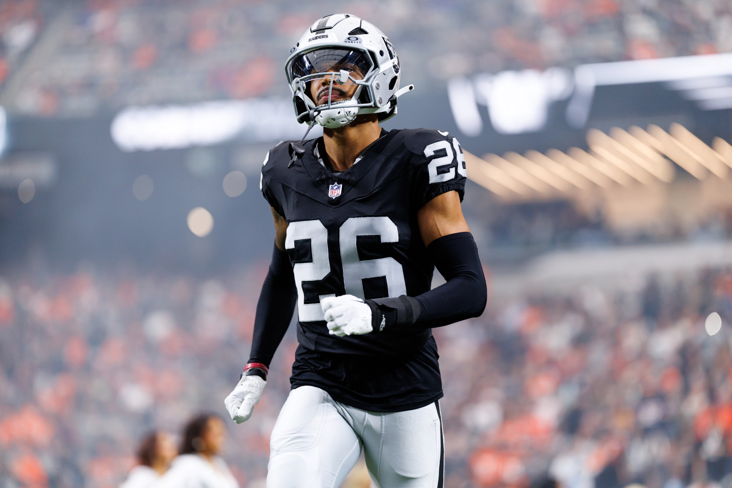 LAS VEGAS, NEVADA - DECEMBER 7: Darien Porter #26 of the Las Vegas Raiders enters the field during player introductions prior to an NFL football game against the Denver Broncos at Allegiant Stadium on December 07, 2025 in Las Vegas, Nevada. (Photo by Brooke Sutton/Getty Images)