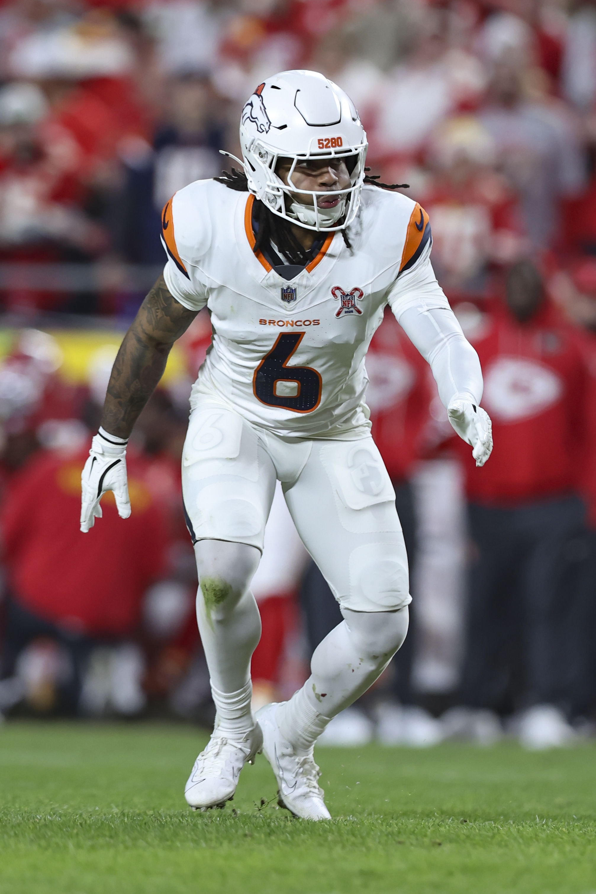 KANSAS CITY, MO - DECEMBER 25: Denver Broncos safety P.J. Locke (6) in the second quarter of a Christmas Day NFL game between the Denver Broncos and Kansas City Chiefs on December 25, 2025 at GEHA Field at Arrowhead Stadium in Kansas City, MO. (Photo by Scott Winters/Icon Sportswire via Getty Images)